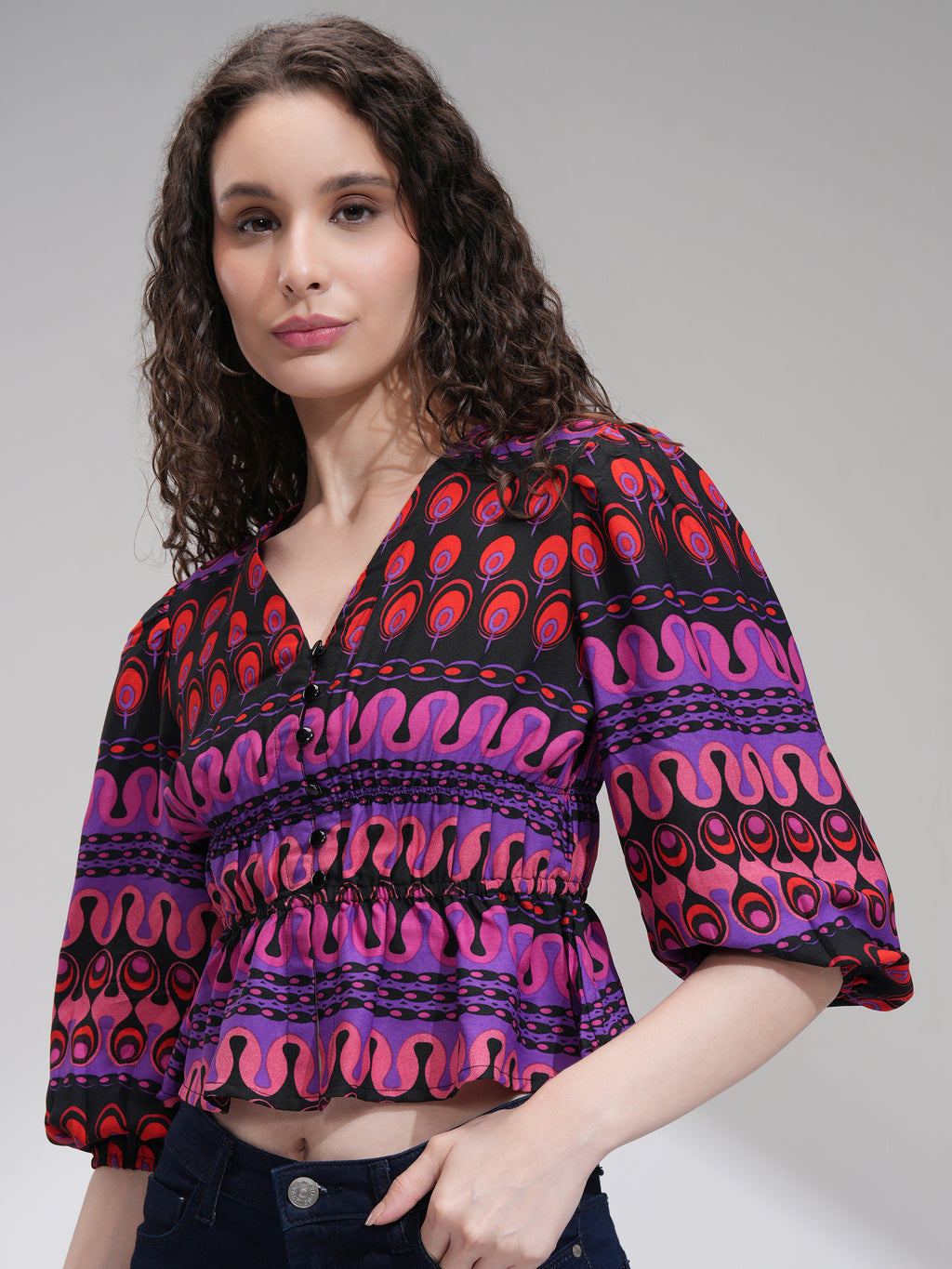 Tokyo Talkies Women Purple Printed Fitted Top - Purple - Image 4