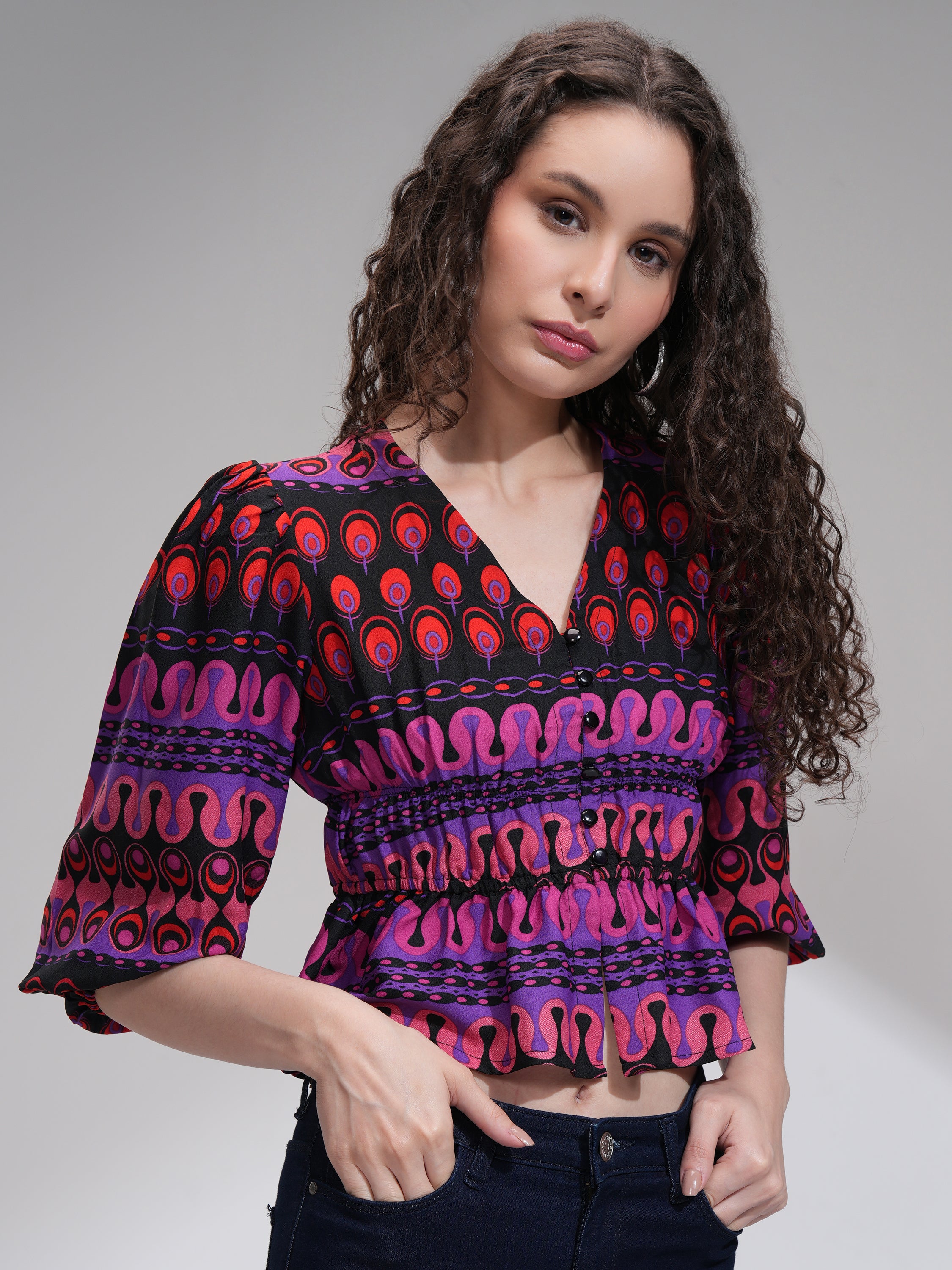 Tokyo Talkies Women Purple Printed Fitted Top - Purple - Image 6