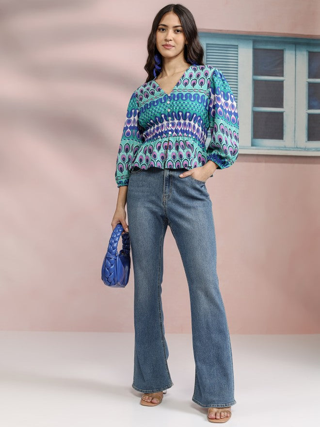 Tokyo Talkies Women Blue Printed Peplum Top - Blue - Image 2