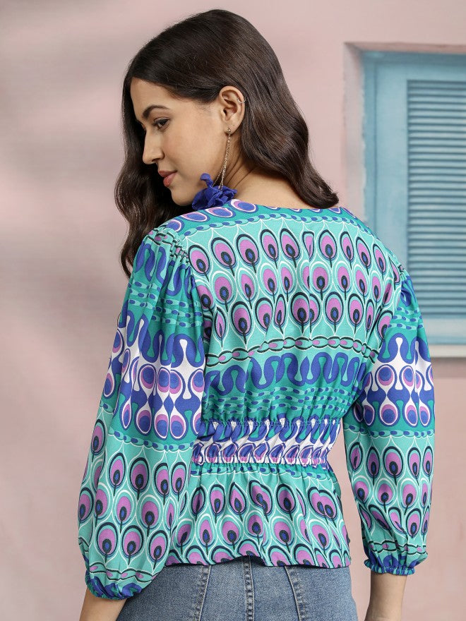 Tokyo Talkies Women Blue Printed Peplum Top - Blue - Image 3