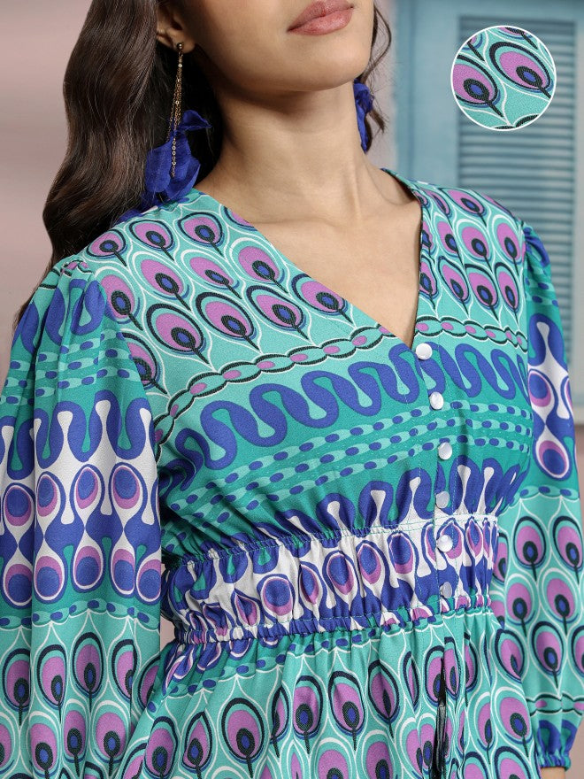Tokyo Talkies Women Blue Printed Peplum Top - Blue - Image 5