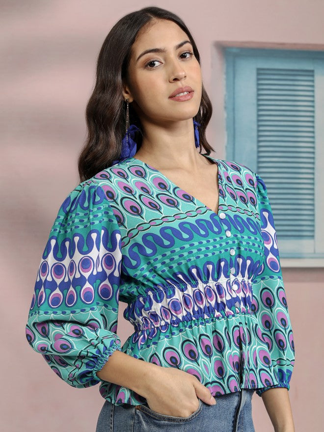 Tokyo Talkies Women Blue Printed Peplum Top - Blue - Image 6
