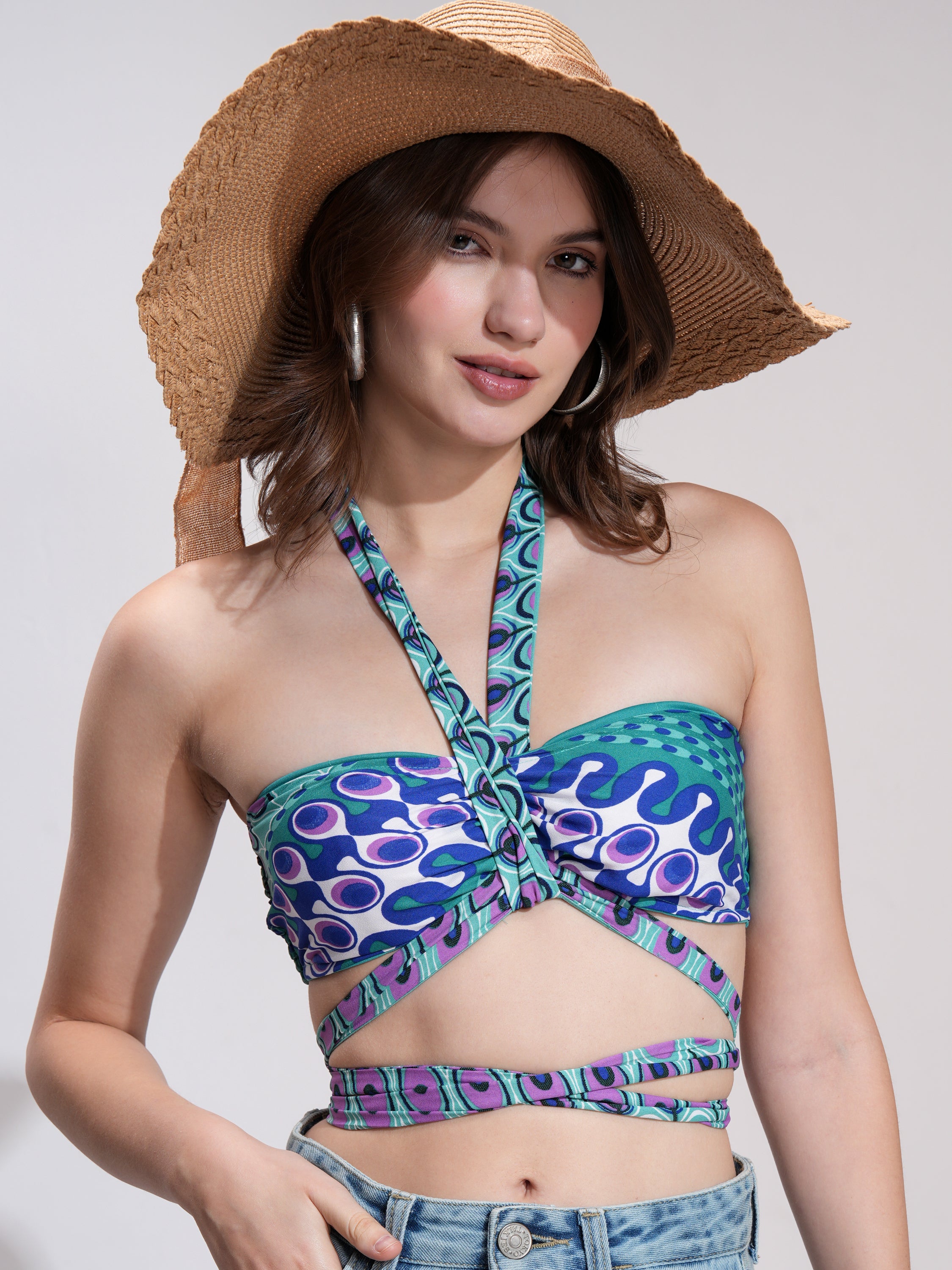 Tokyo Talkies Women Blue Printed Bralette Top - Blue - Image 1
