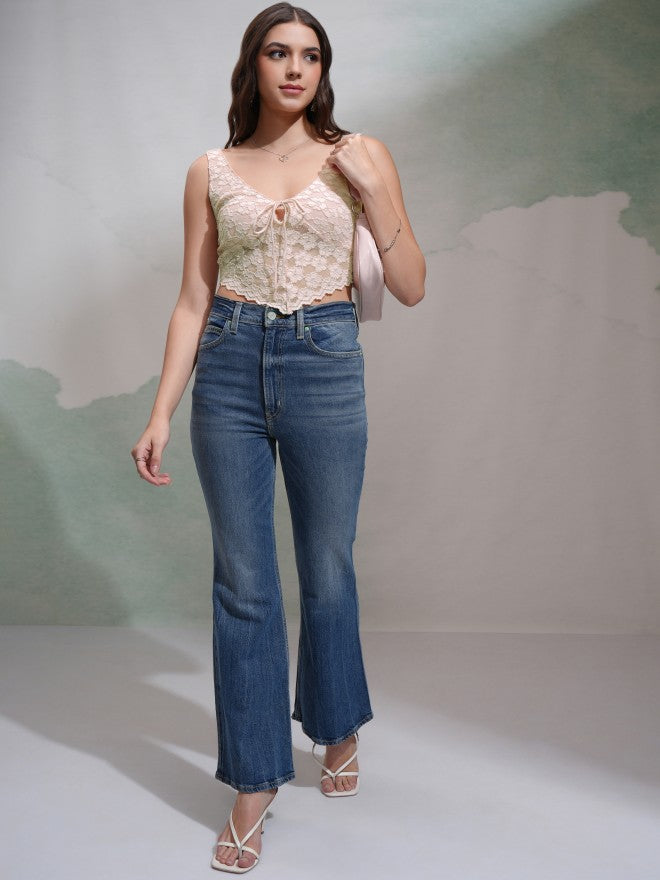 Tokyo Talkies Women Peach Self Design Fitted Top - Peach - Image 2