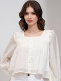 Tokyo Talkies Women Off White Solid Blouson Top - Off White - Image 1