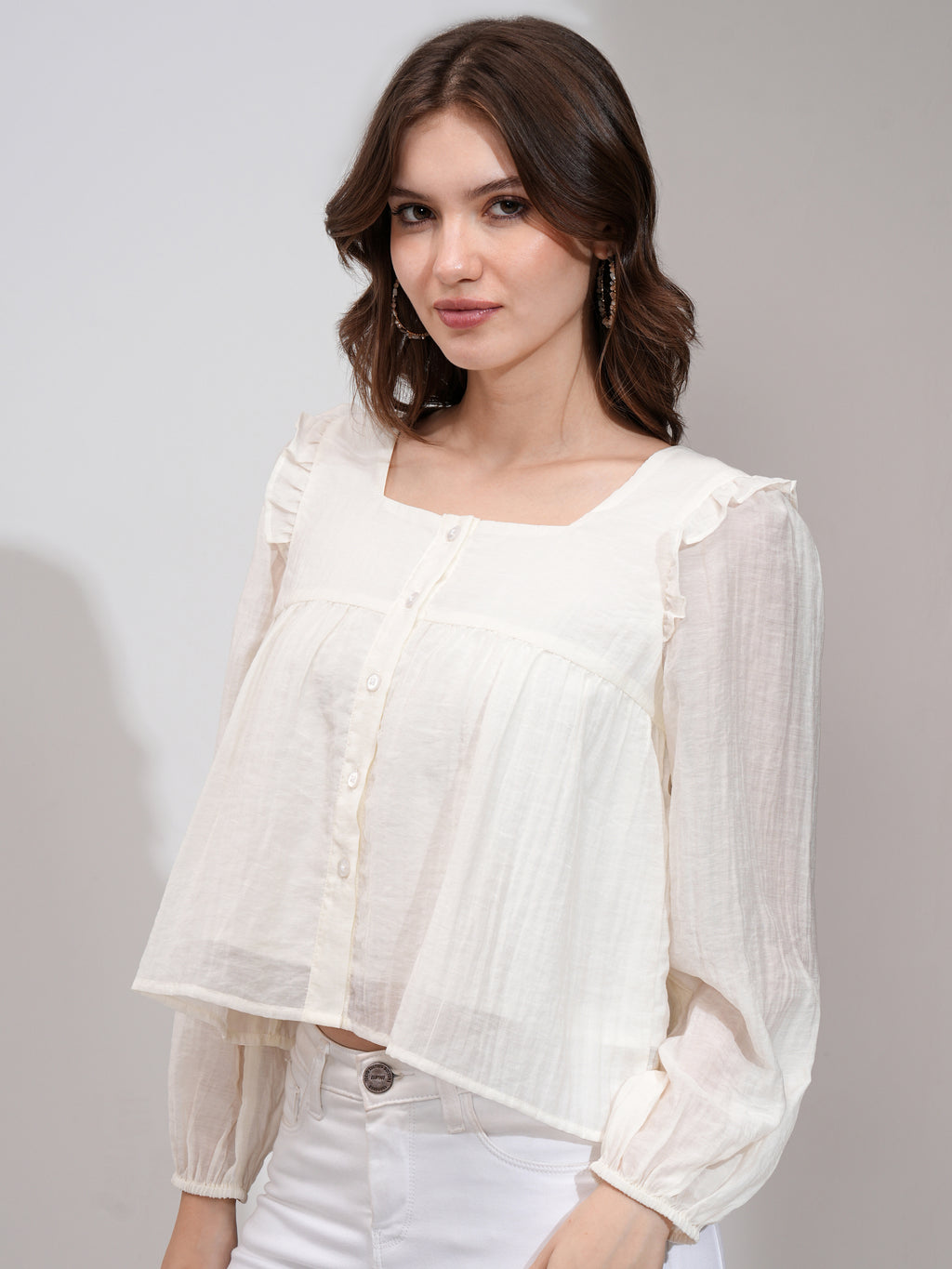 Tokyo Talkies Women Off White Solid Blouson Top - Off White - Image 4