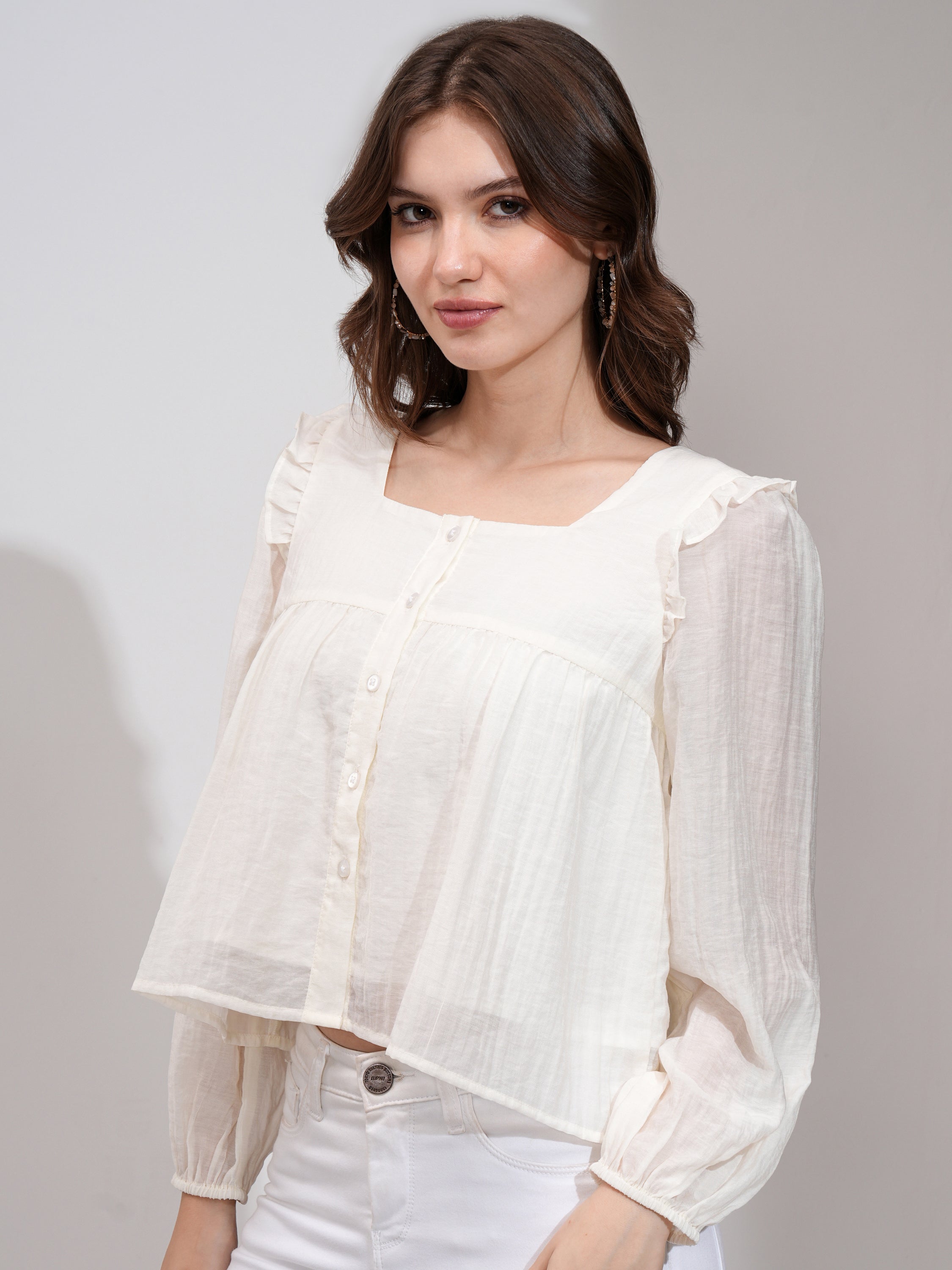 Tokyo Talkies Women Off White Solid Blouson Top - Off White - Image 4