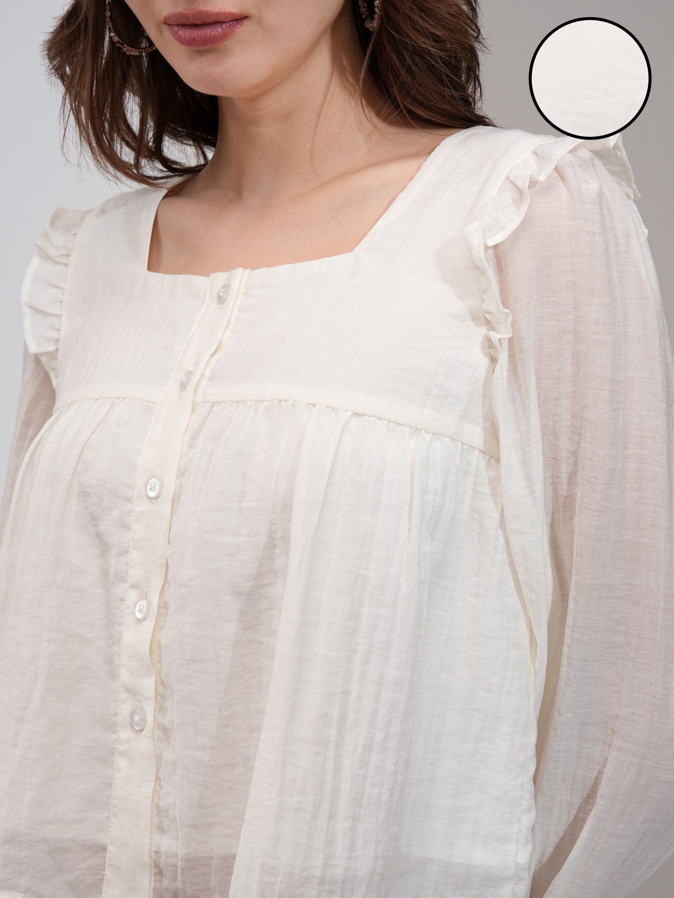 Tokyo Talkies Women Off White Solid Blouson Top - Off White - Image 5