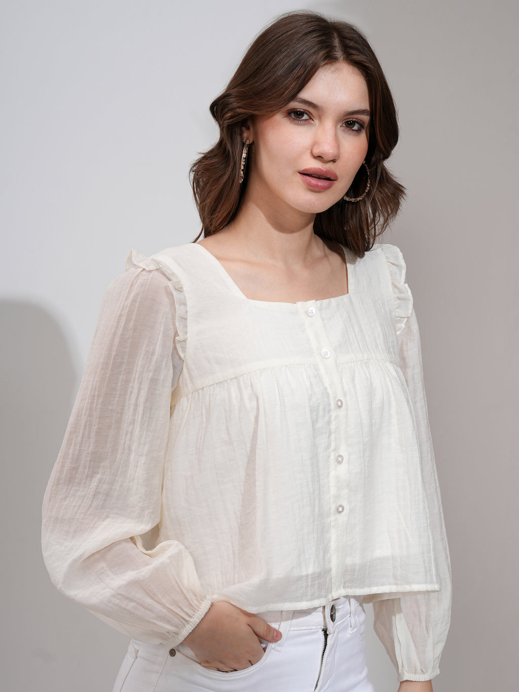 Tokyo Talkies Women Off White Solid Blouson Top - Off White - Image 6