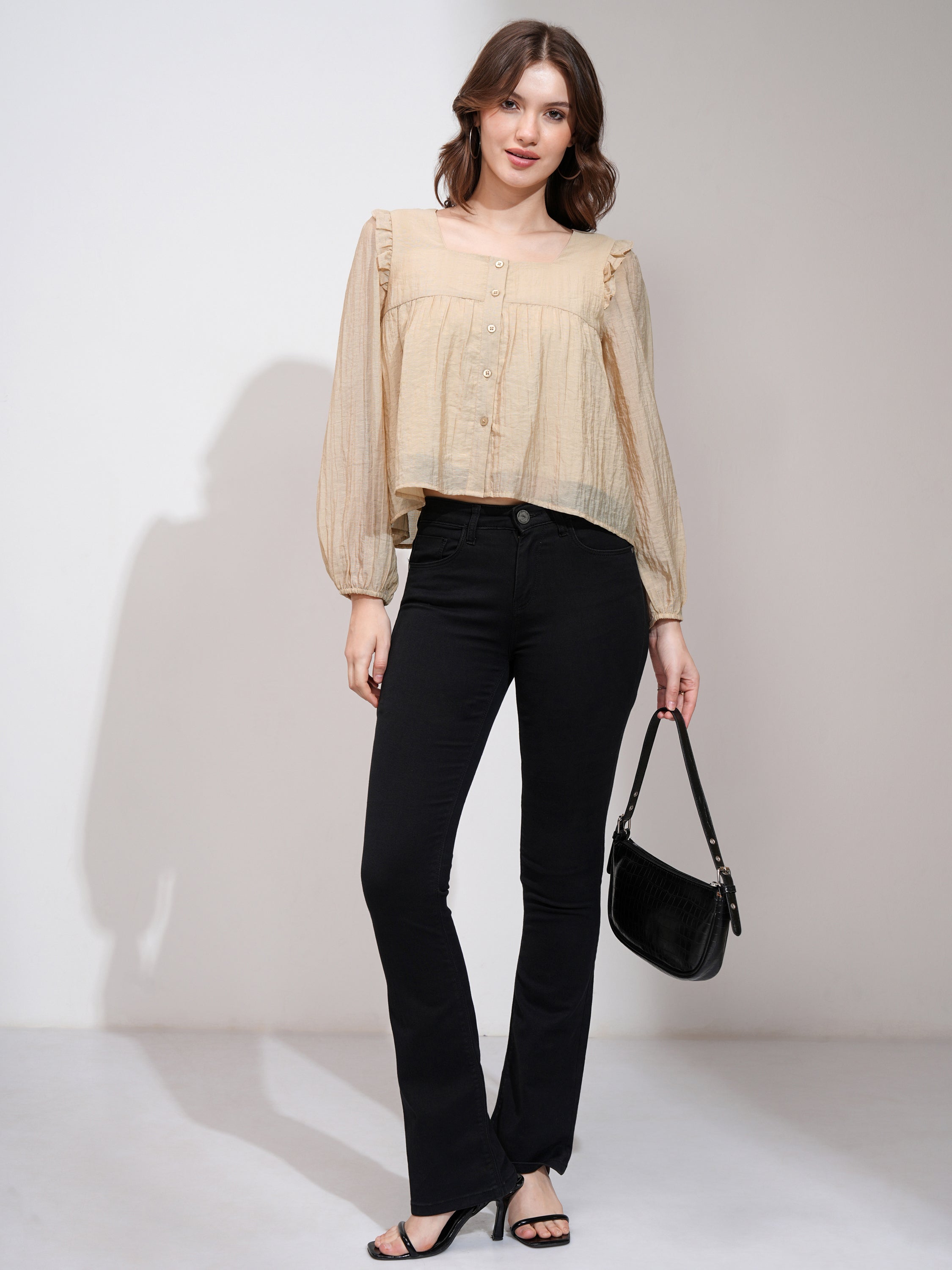 Tokyo Talkies Women Khaki Solid Blouson Top - Khaki - Image 2