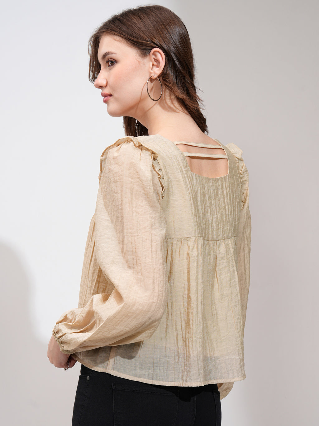 Tokyo Talkies Women Khaki Solid Blouson Top - Khaki - Image 3