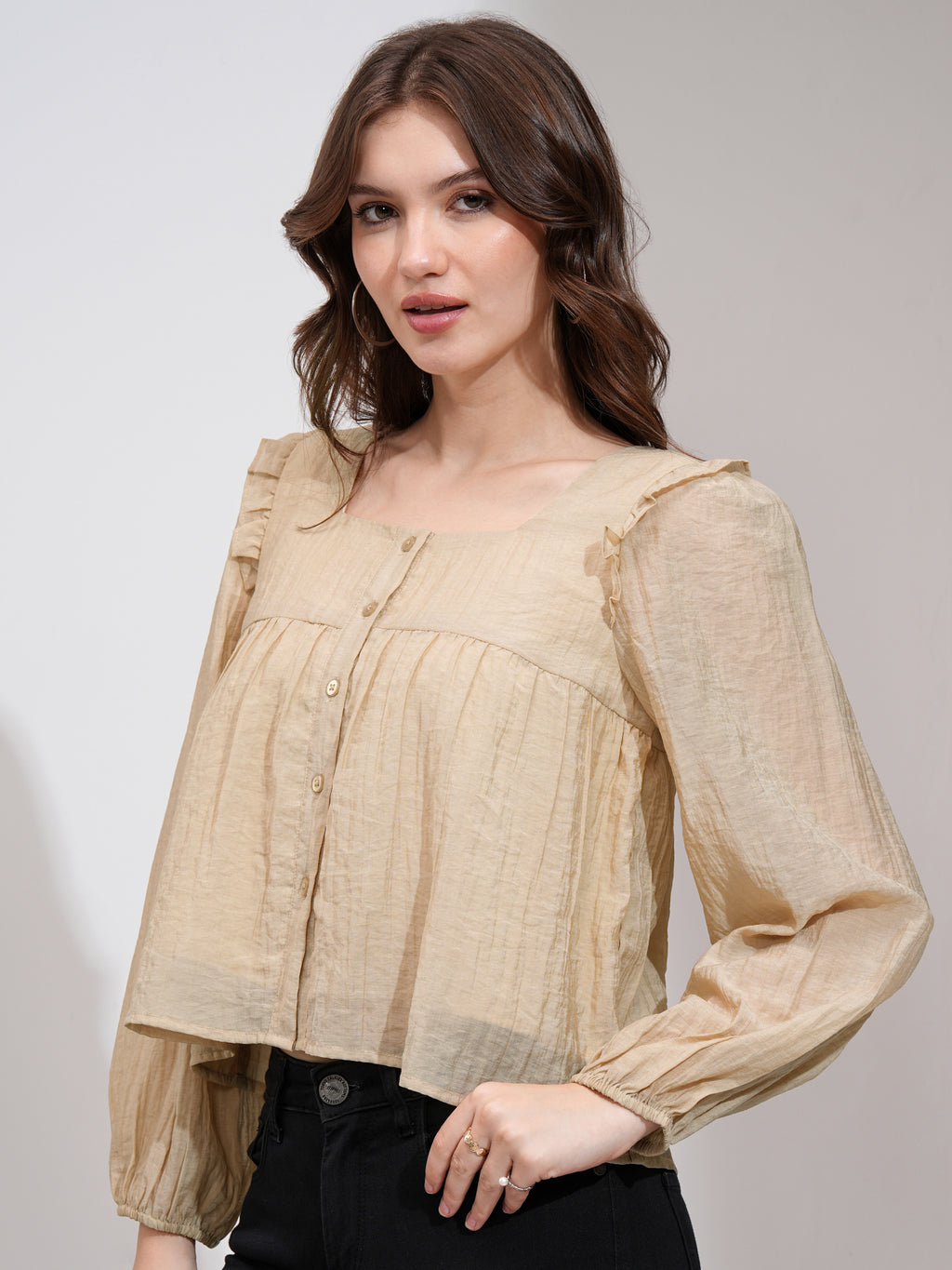 Tokyo Talkies Women Khaki Solid Blouson Top - Khaki - Image 4