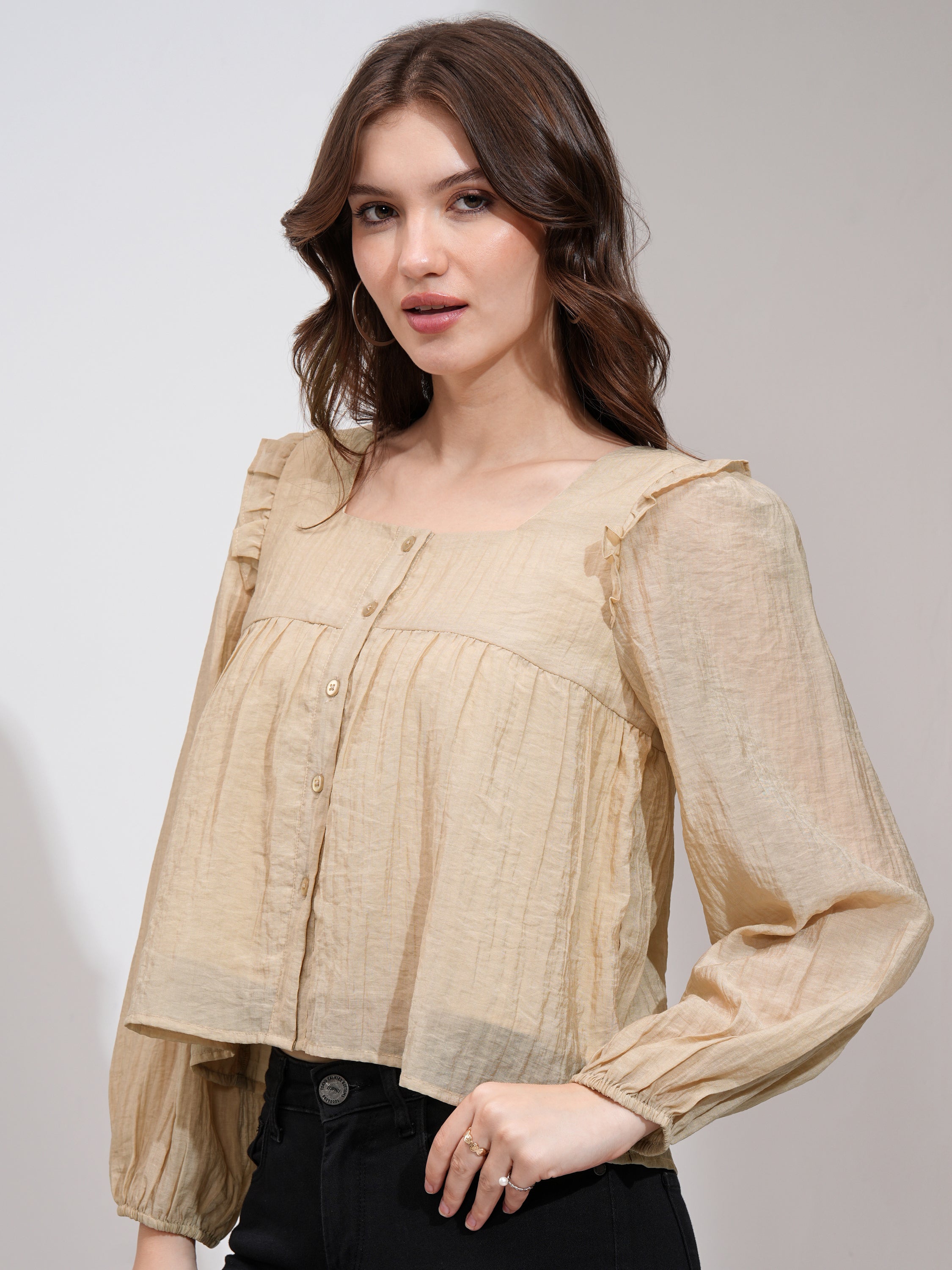 Tokyo Talkies Women Khaki Solid Blouson Top - Khaki - Image 4