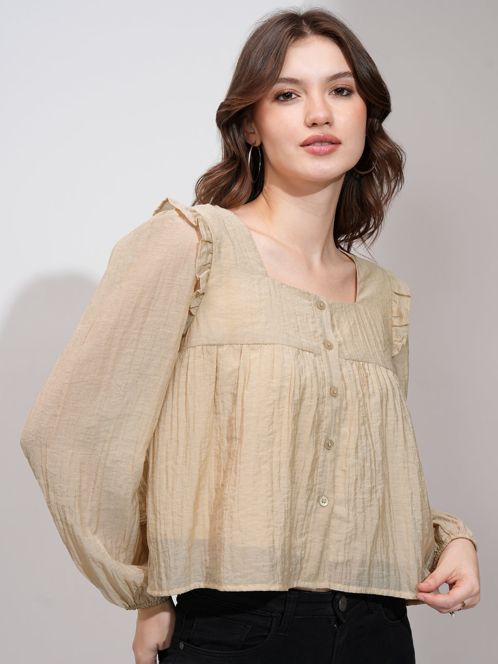 Tokyo Talkies Women Khaki Solid Blouson Top - Khaki - Image 6