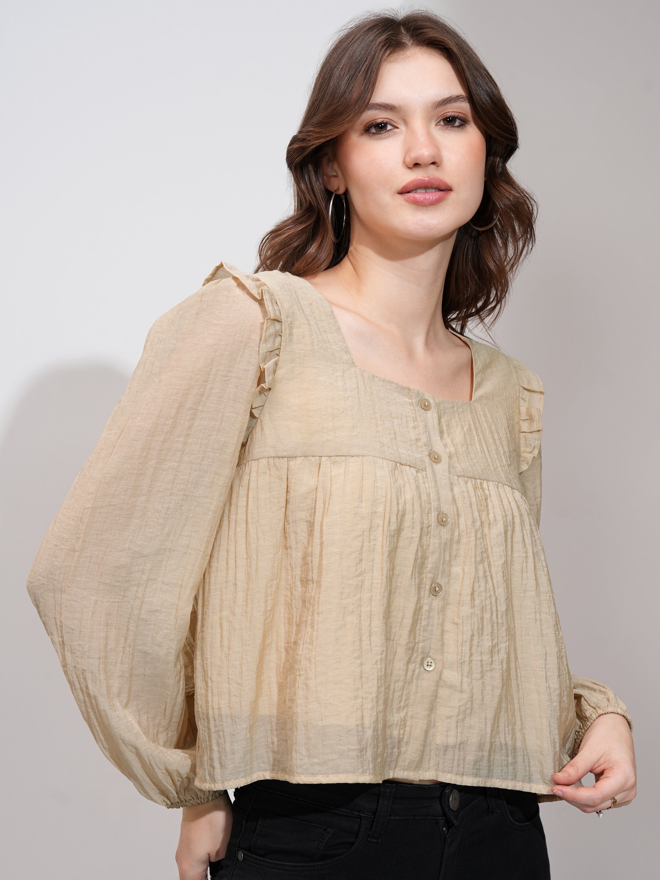 Tokyo Talkies Women Khaki Solid Blouson Top - Khaki - Image 6