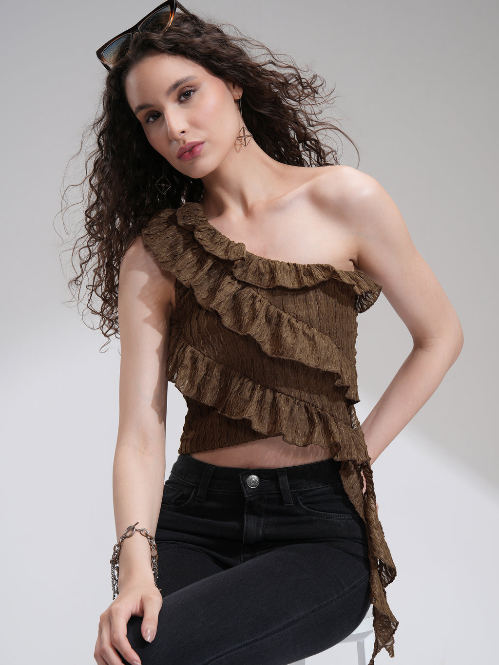 Tokyo Talkies Women Brown Self Design High-Low Top - Brown - Image 1