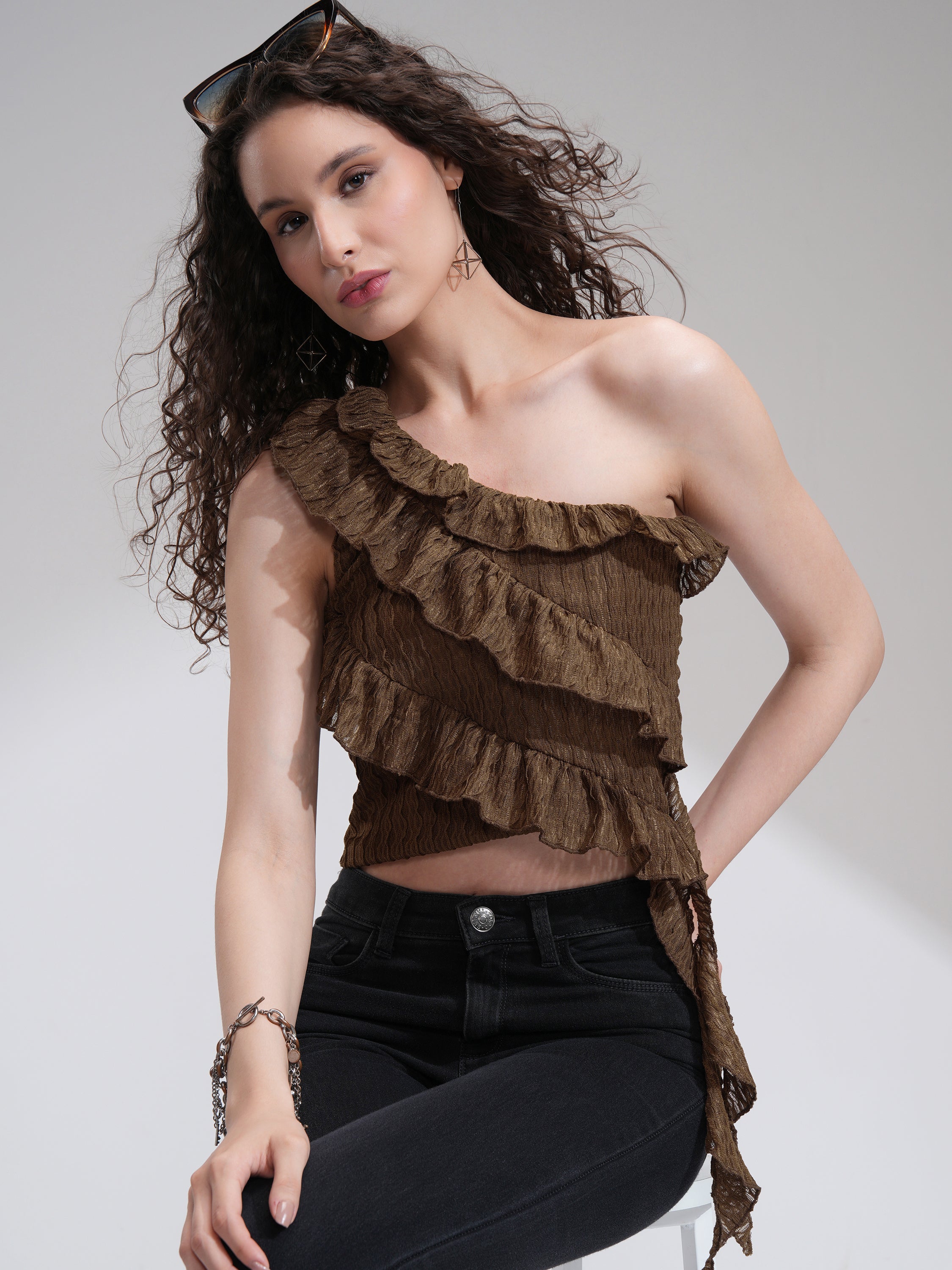 Tokyo Talkies Women Brown Self Design High-Low Top - Brown - Image 1