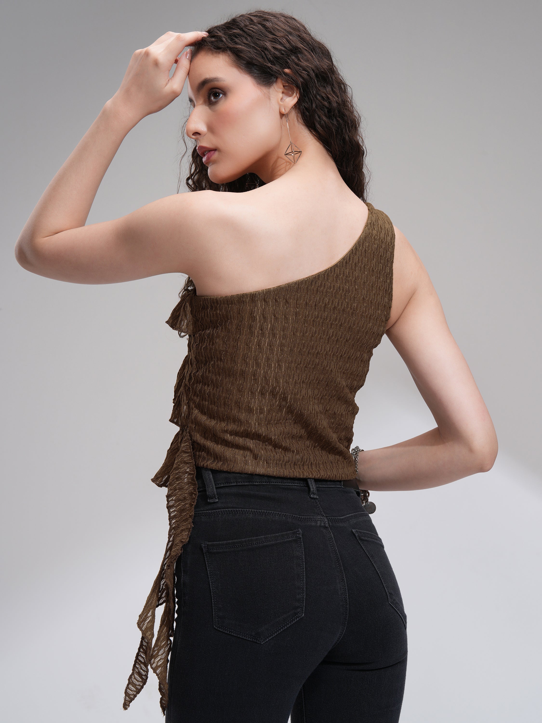 Tokyo Talkies Women Brown Self Design High-Low Top - Brown - Image 3