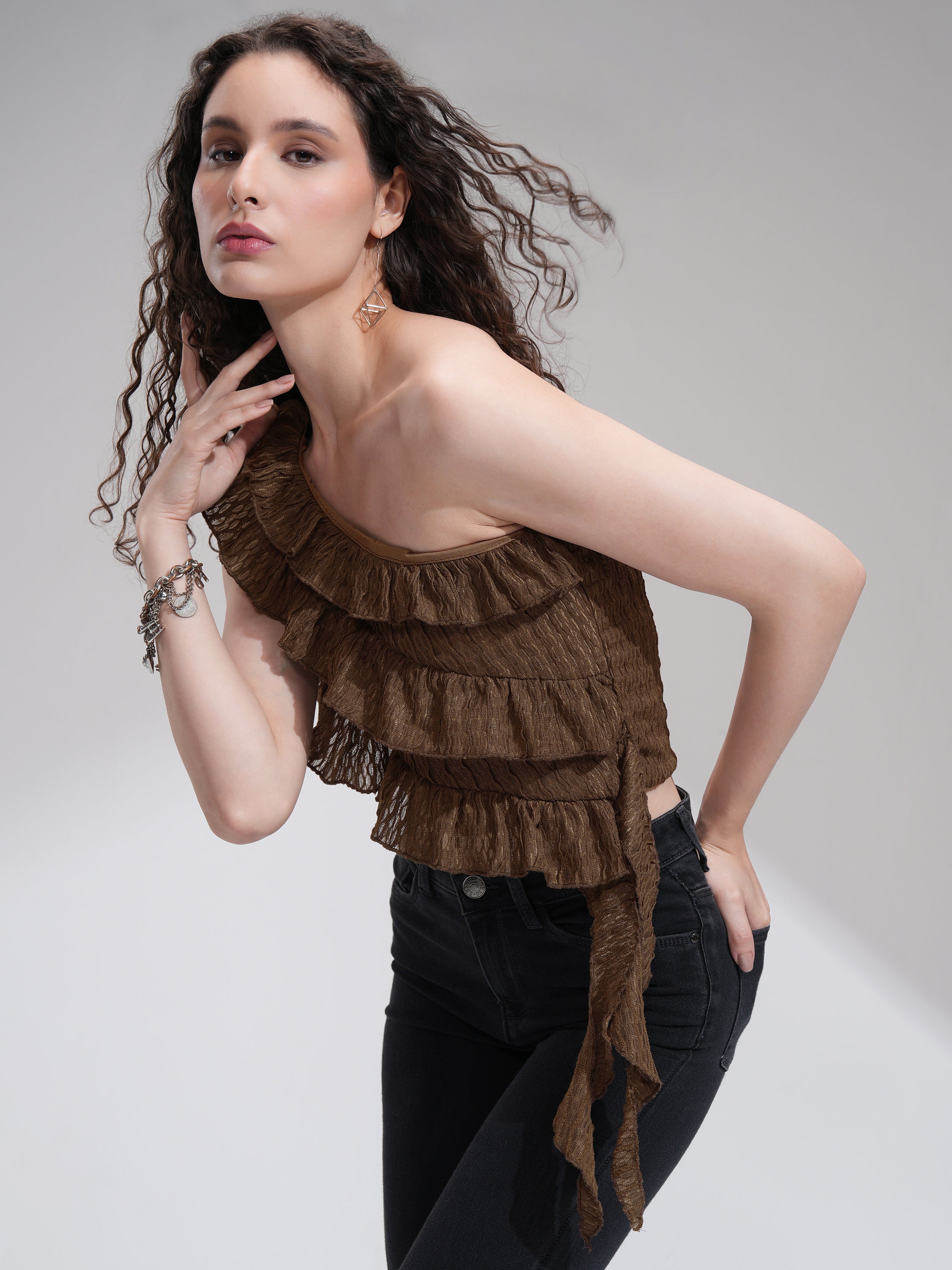 Tokyo Talkies Women Brown Self Design High-Low Top - Brown - Image 4