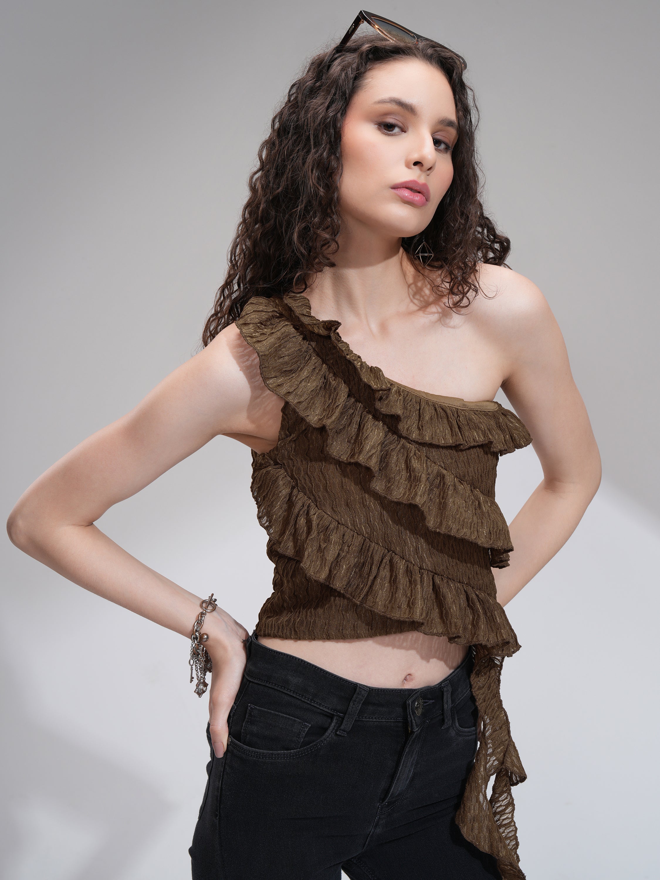 Tokyo Talkies Women Brown Self Design High-Low Top - Brown - Image 6