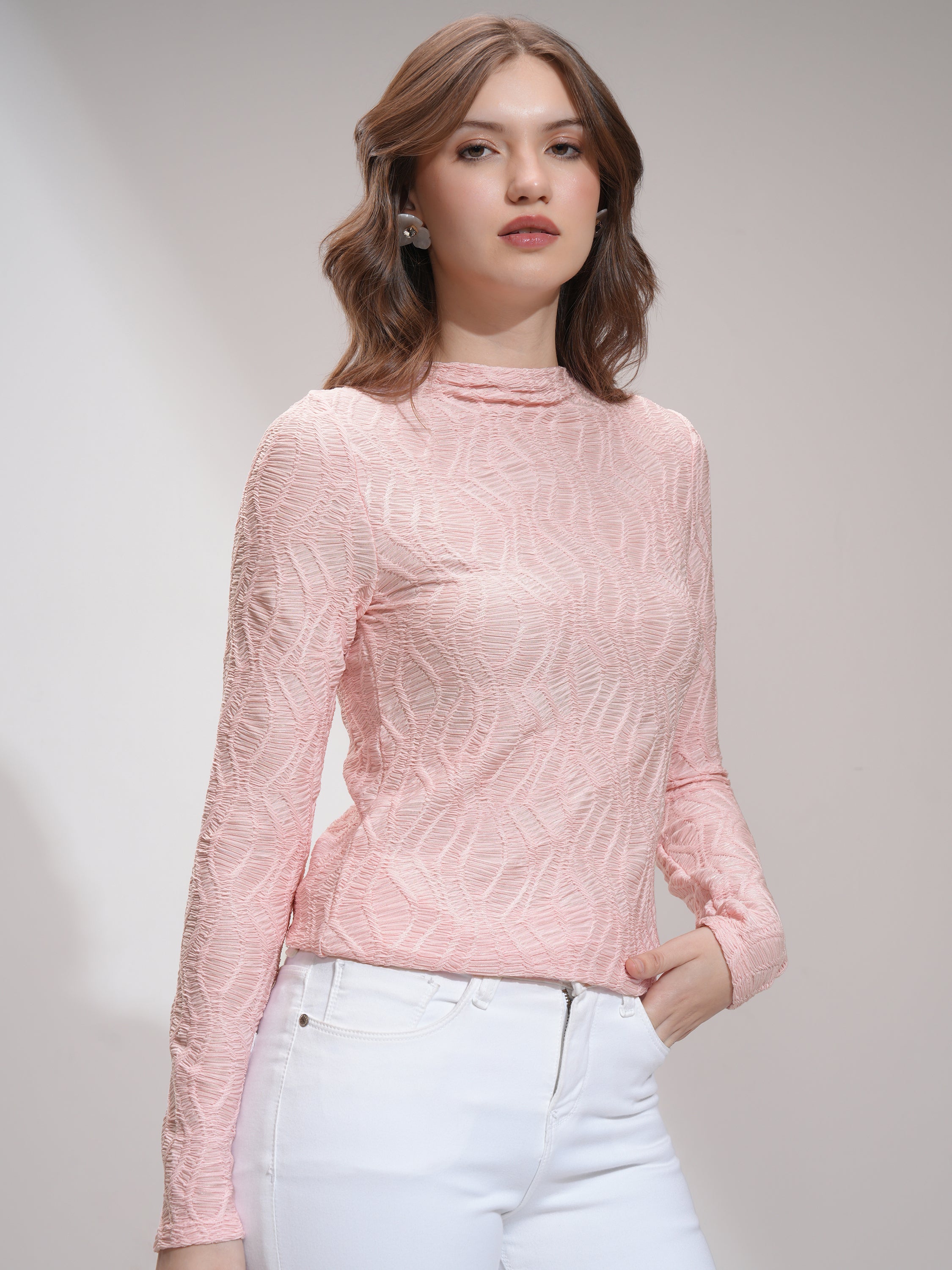 Tokyo Talkies Women Pink Self Design Fitted Top - Pink - Image 6