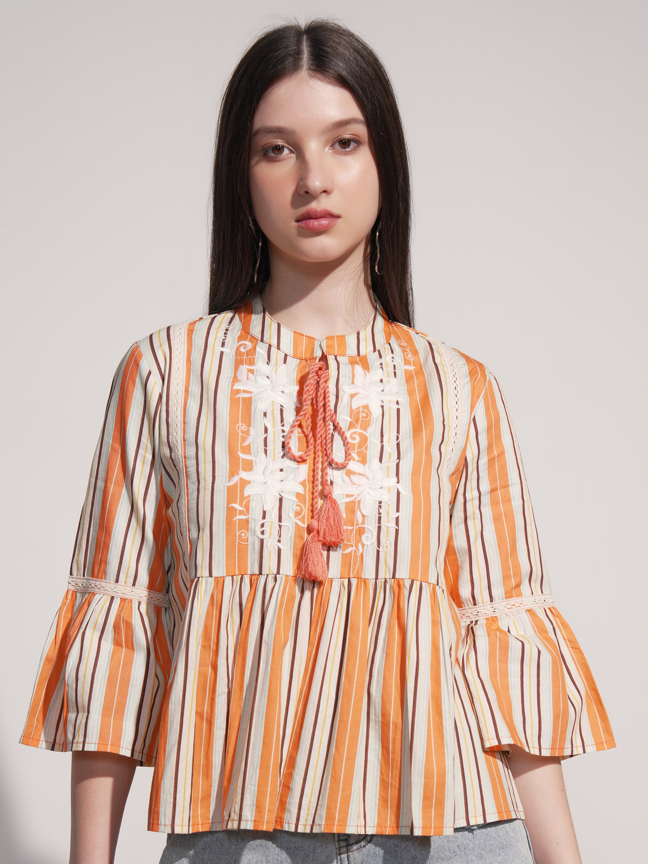 Tokyo Talkies Women Orange Striped Fitted Top - Orange - Image 1