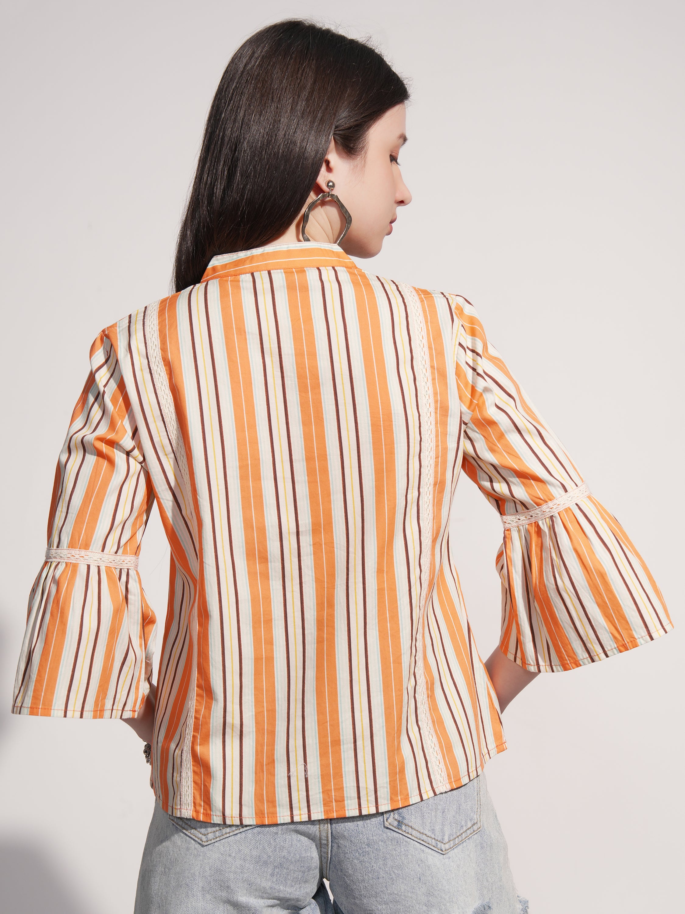 Tokyo Talkies Women Orange Striped Fitted Top - Orange - Image 3