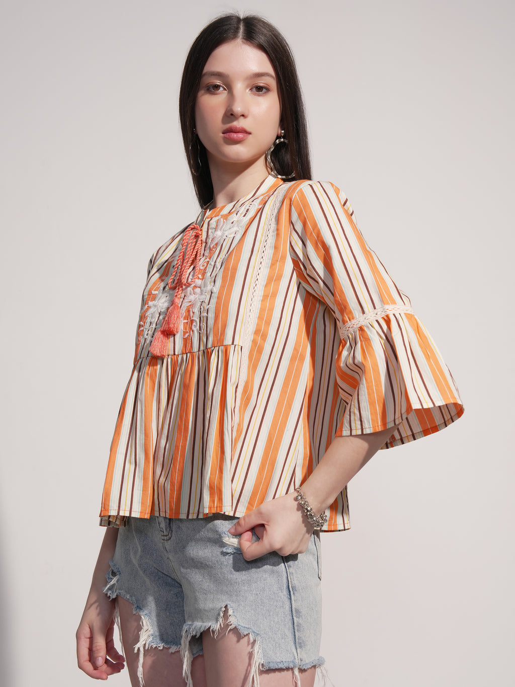 Tokyo Talkies Women Orange Striped Fitted Top - Orange - Image 4