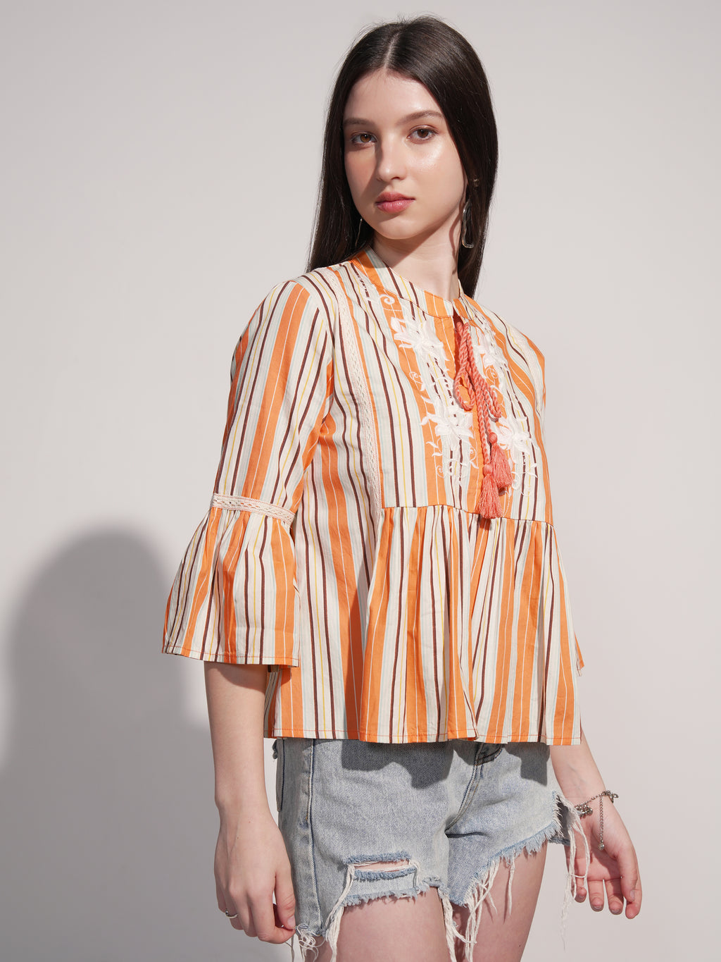 Tokyo Talkies Women Orange Striped Fitted Top - Orange - Image 6