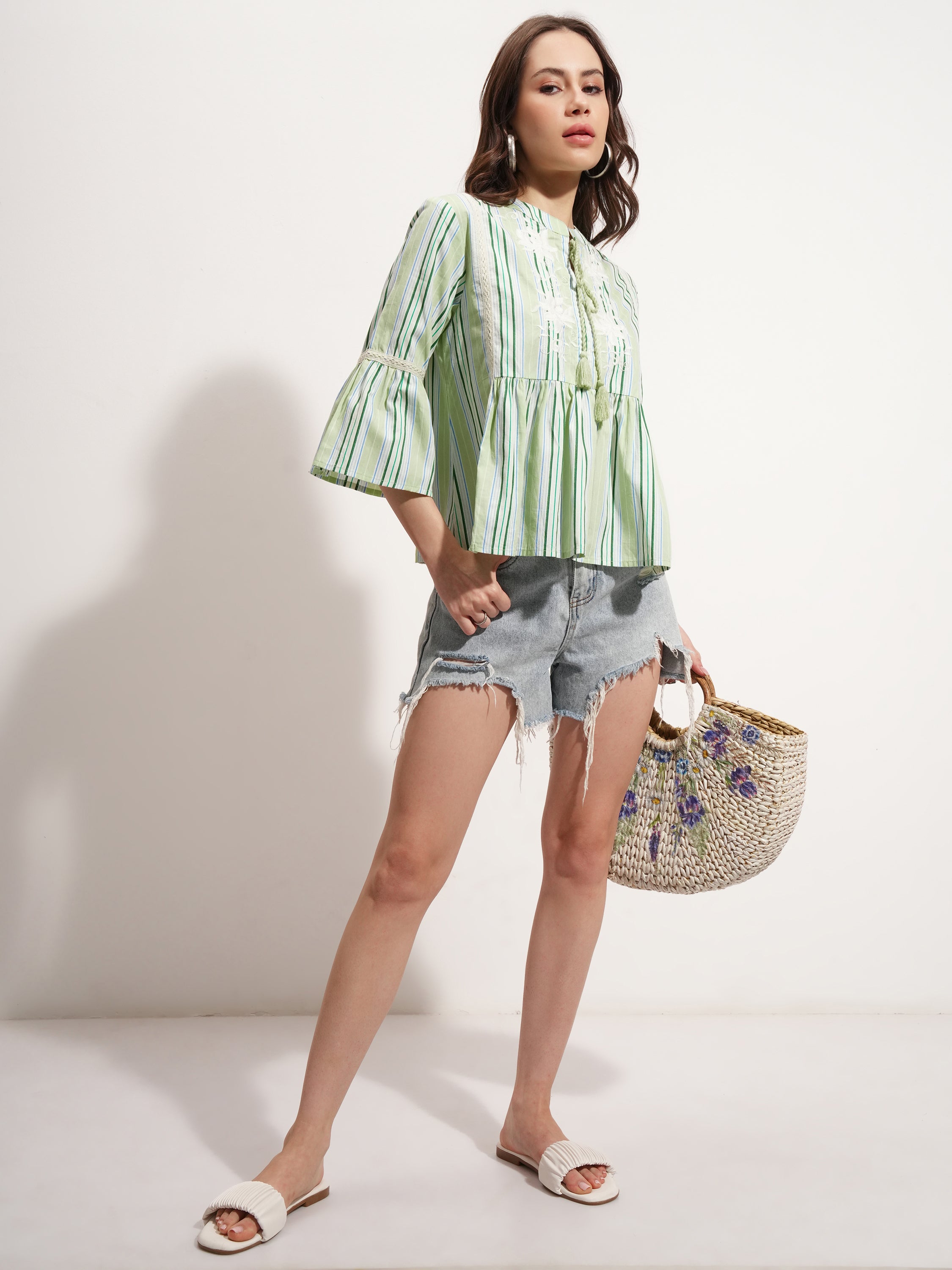 Tokyo Talkies Women Green Embroidered Peplum Top - Green - Image 2