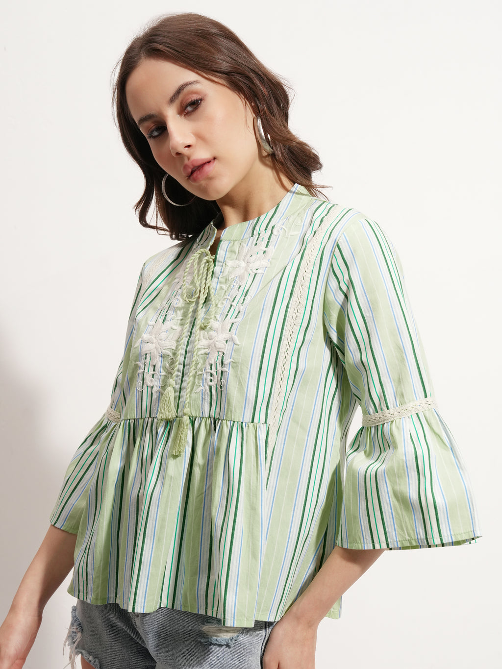 Tokyo Talkies Women Green Embroidered Peplum Top - Green - Image 4