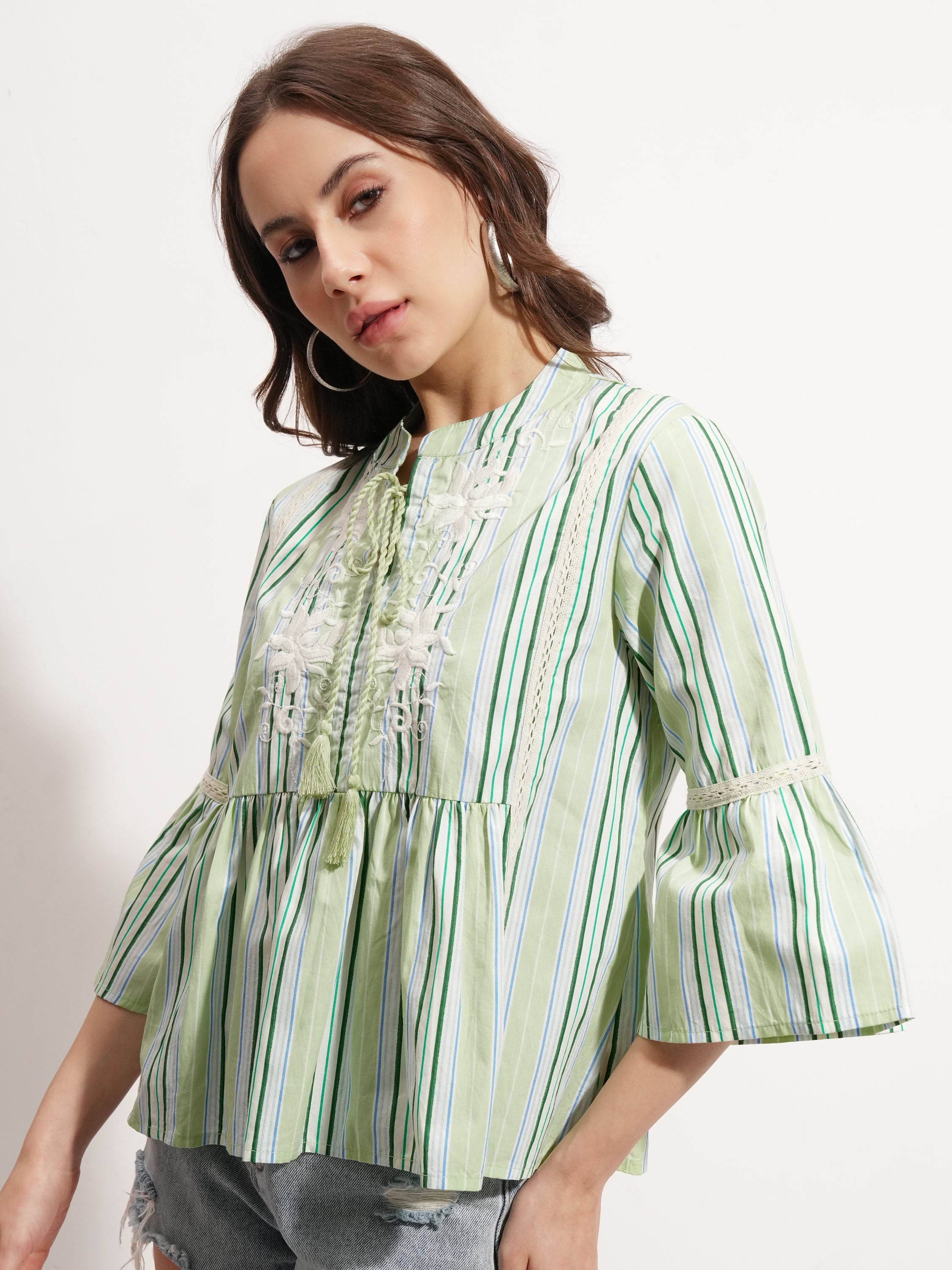 Tokyo Talkies Women Green Embroidered Peplum Top - Green - Image 4