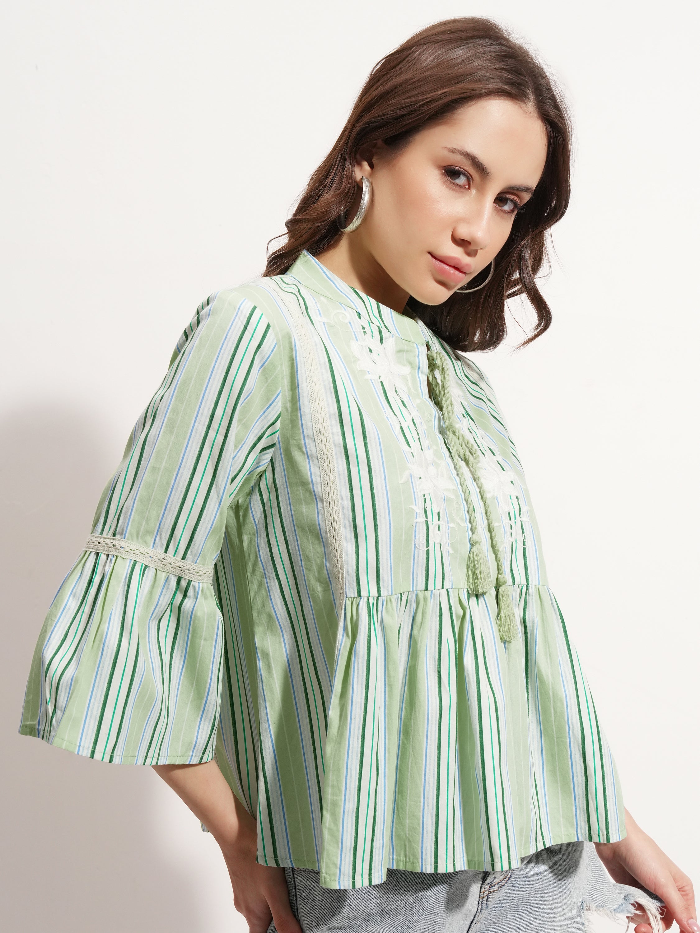 Tokyo Talkies Women Green Embroidered Peplum Top - Green - Image 6