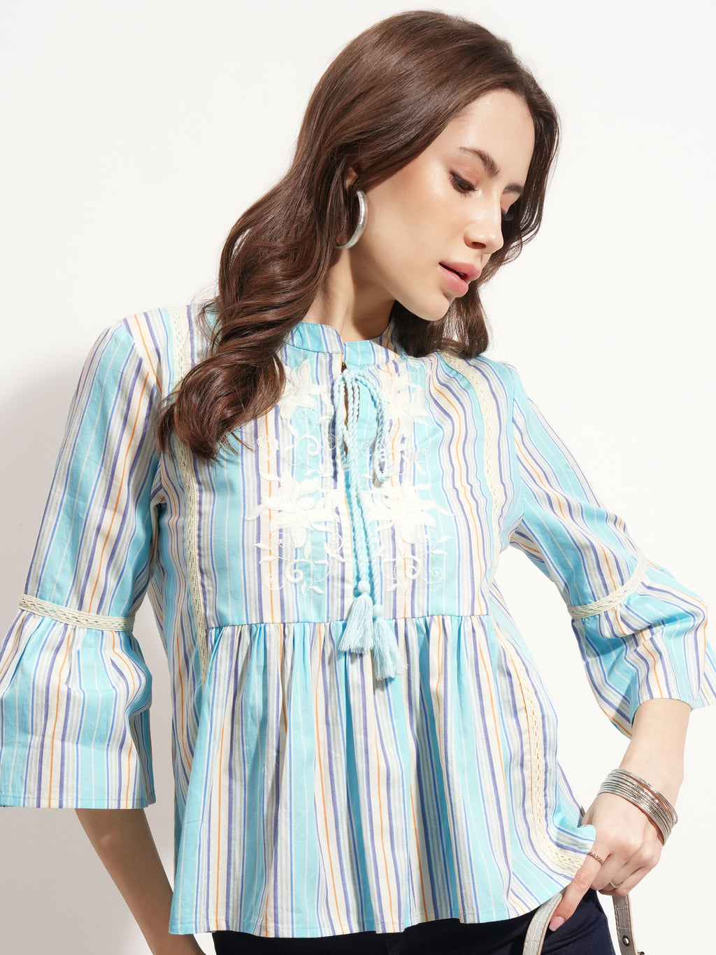Tokyo Talkies Women Blue Embroidered Peplum Top - Blue - Image 1