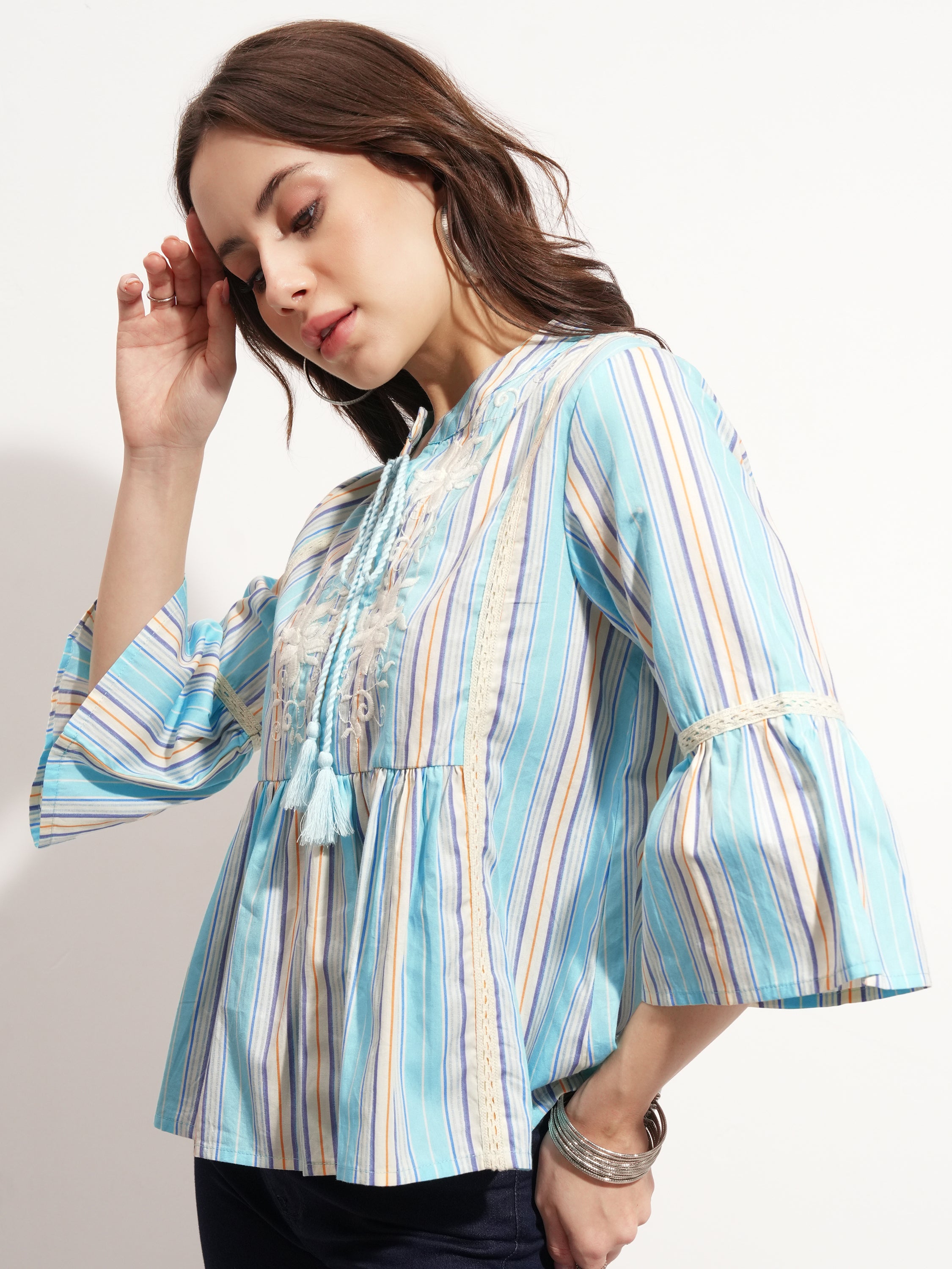 Tokyo Talkies Women Blue Embroidered Peplum Top - Blue - Image 4