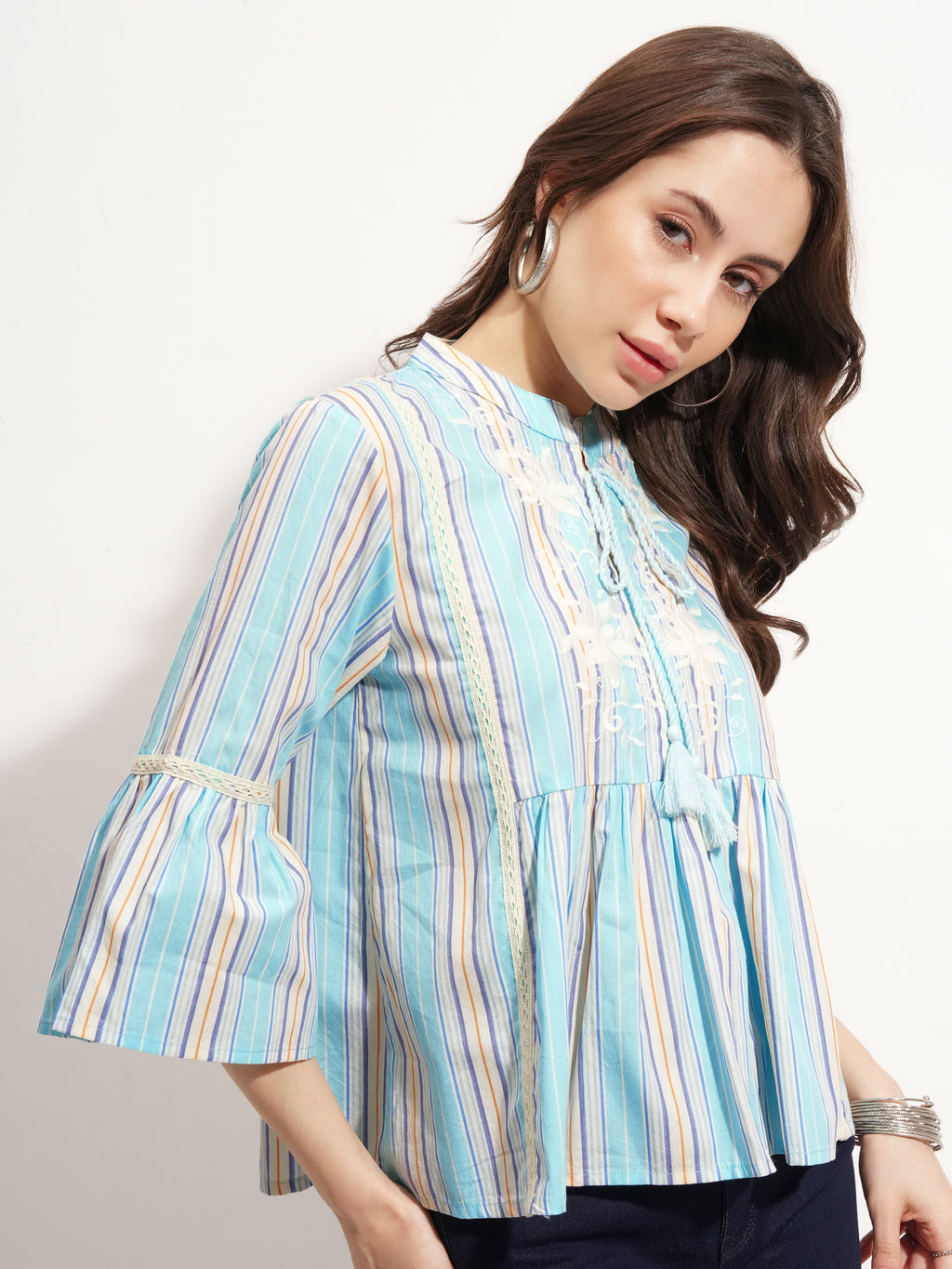 Tokyo Talkies Women Blue Embroidered Peplum Top - Blue - Image 6