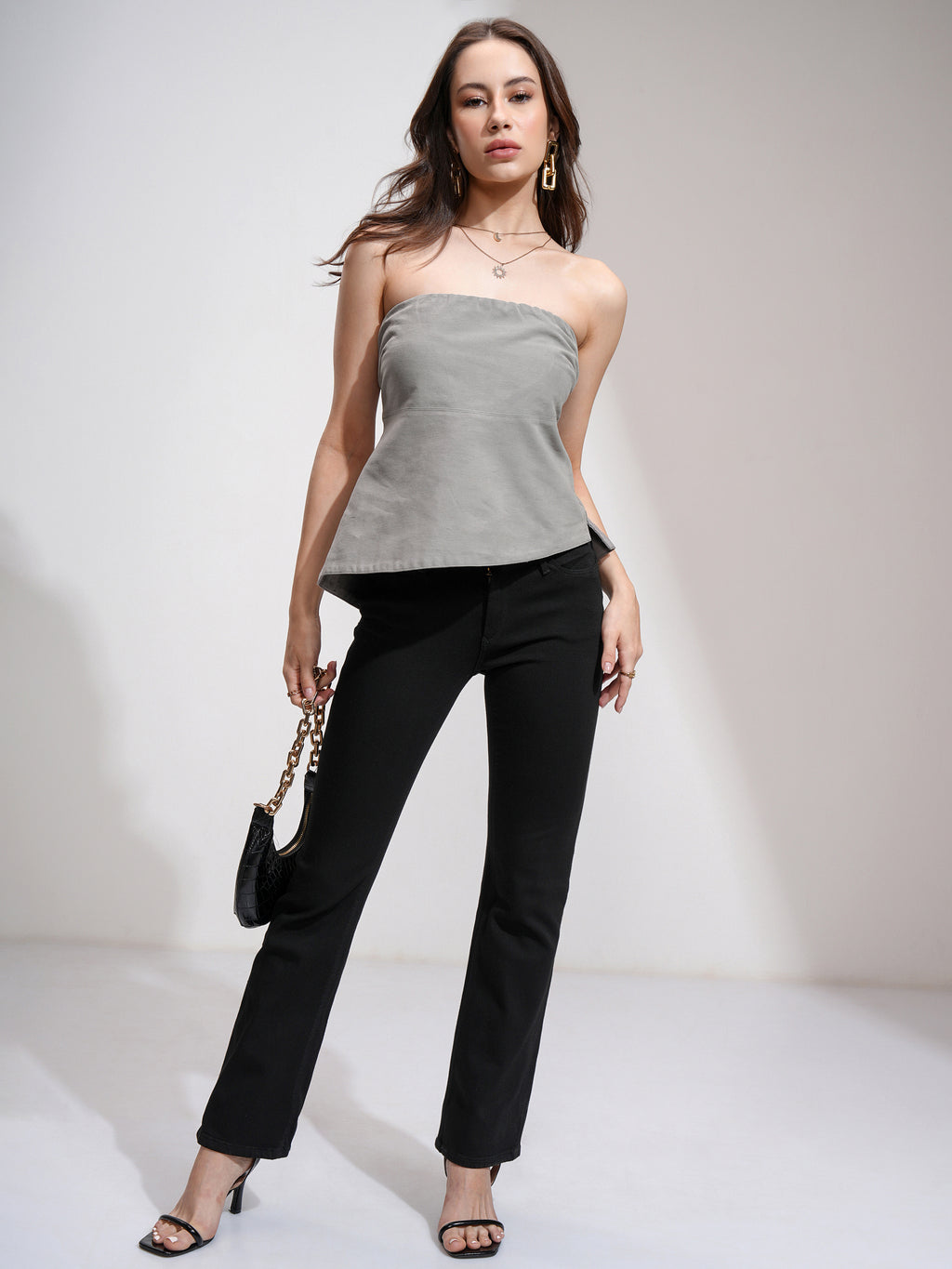 Tokyo Talkies Women Grey Solid Fitted Top - Grey - Image 2