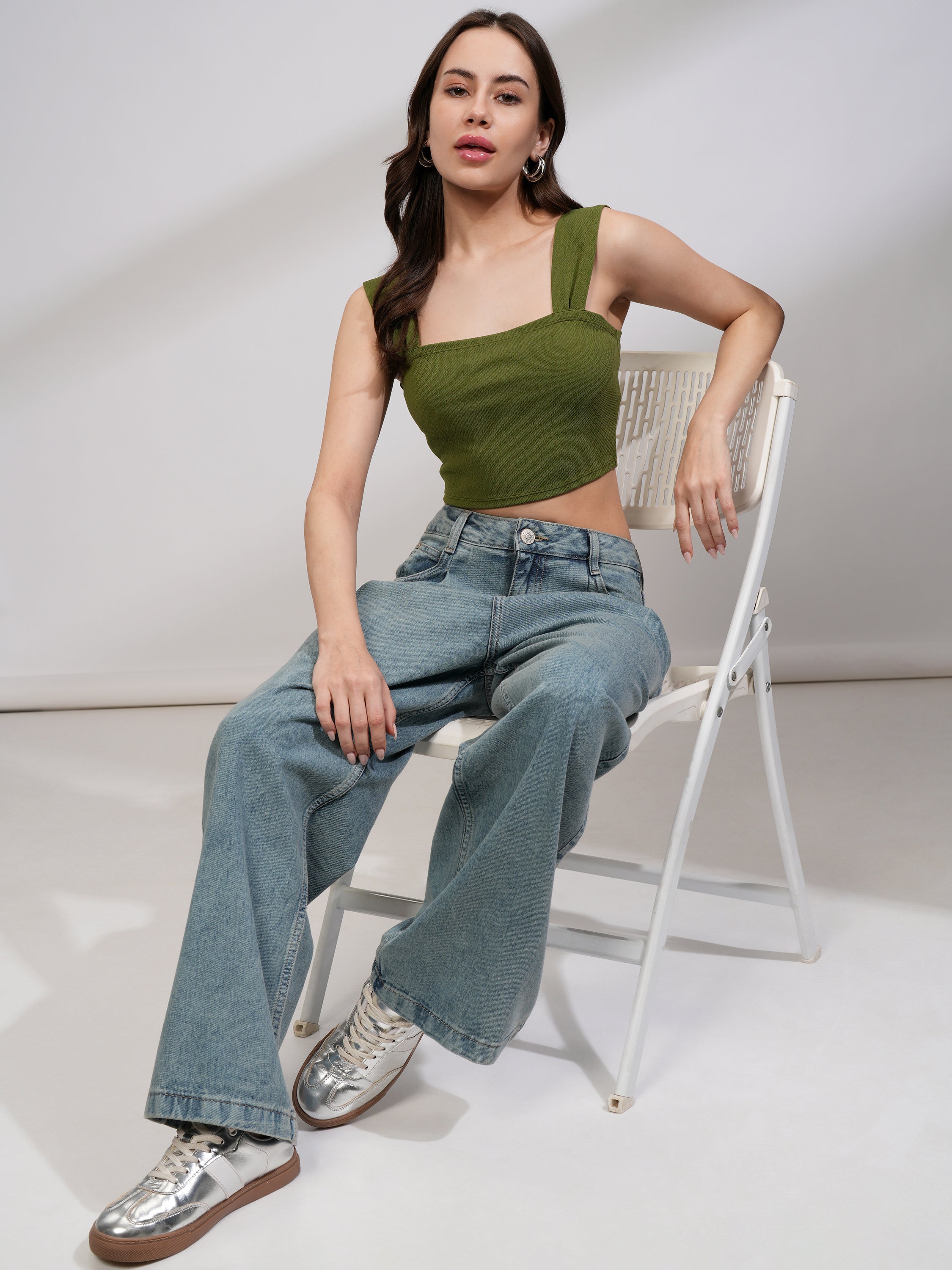 Tokyo Talkies Women Olive Solid Fitted Top - Olive - Image 2