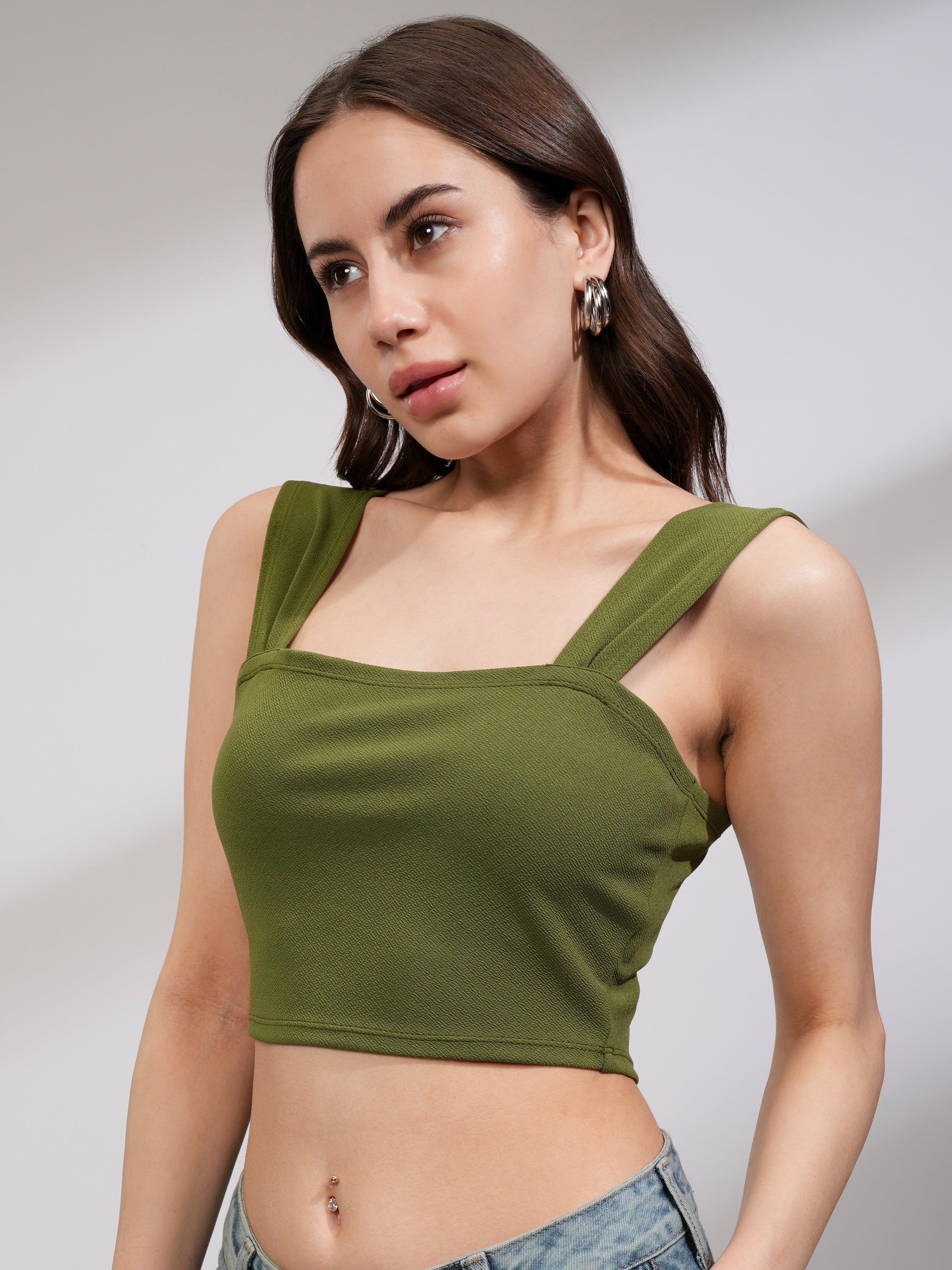 Tokyo Talkies Women Olive Solid Fitted Top - Olive - Image 4