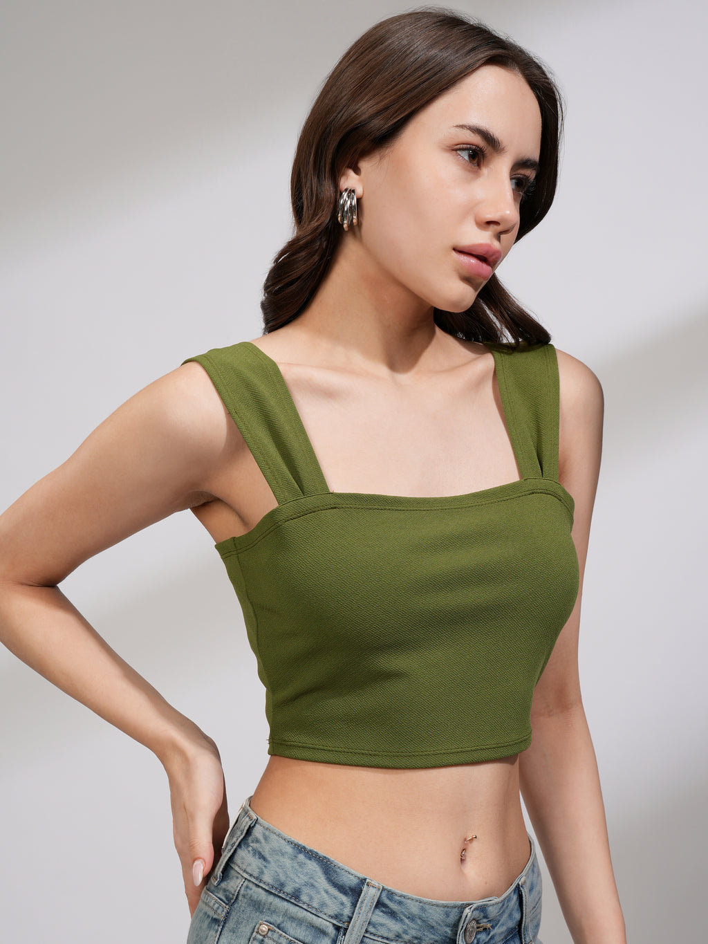 Tokyo Talkies Women Olive Solid Fitted Top - Olive - Image 6