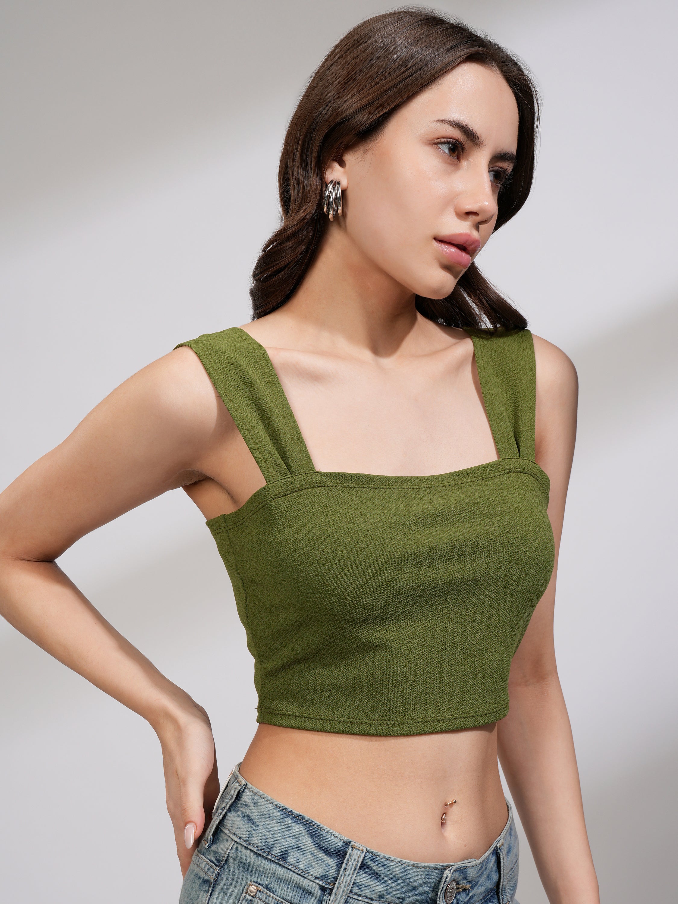 Tokyo Talkies Women Olive Solid Fitted Top - Olive - Image 6