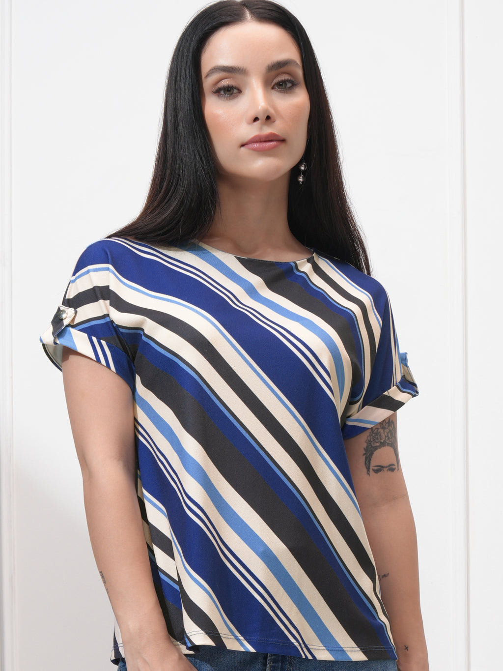 Tokyo Talkies Women Blue Striped Regular Top - Blue - Image 1