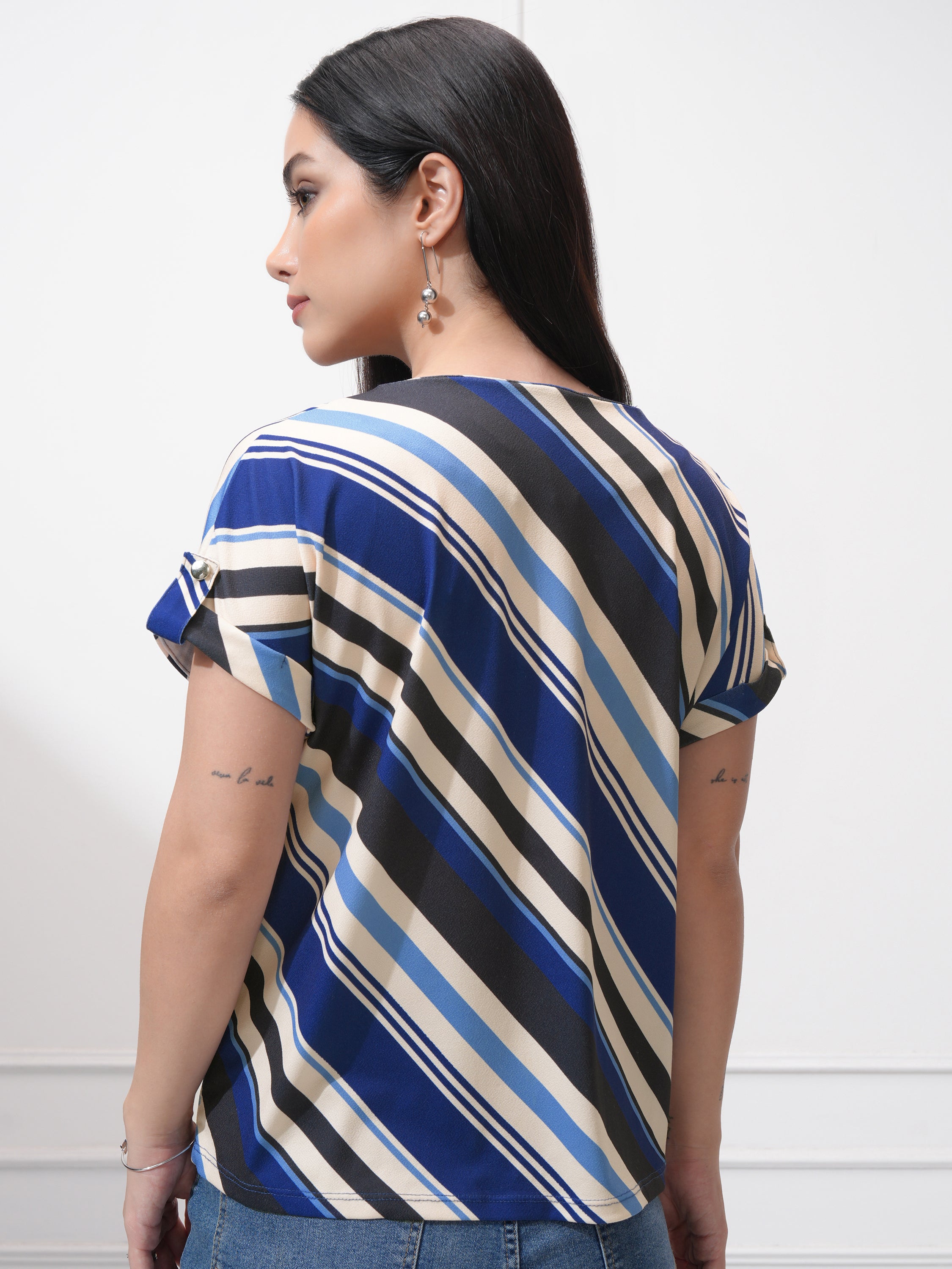 Tokyo Talkies Women Blue Striped Regular Top - Blue - Image 3