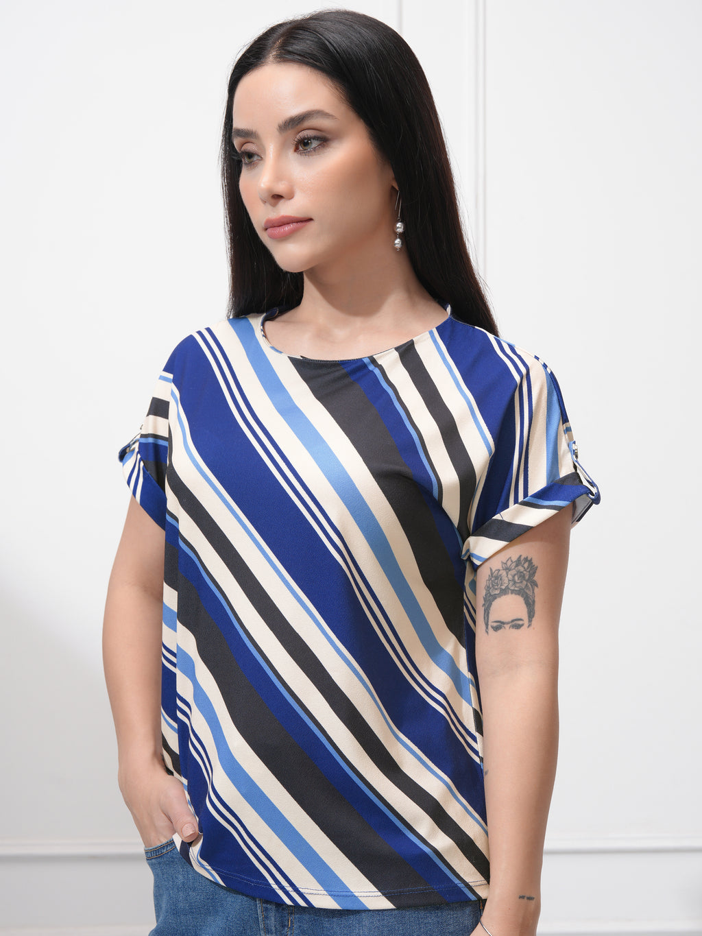 Tokyo Talkies Women Blue Striped Regular Top - Blue - Image 4
