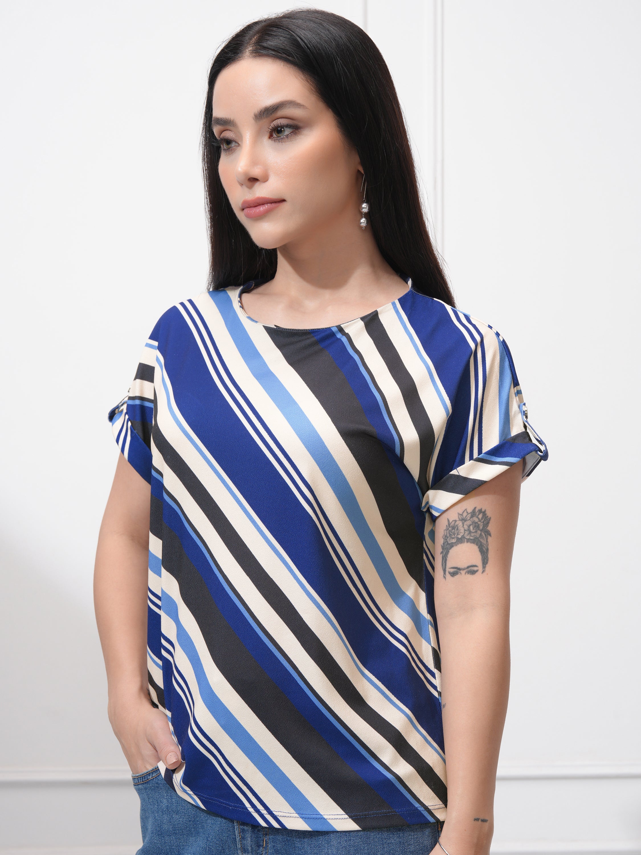 Tokyo Talkies Women Blue Striped Regular Top - Blue - Image 4