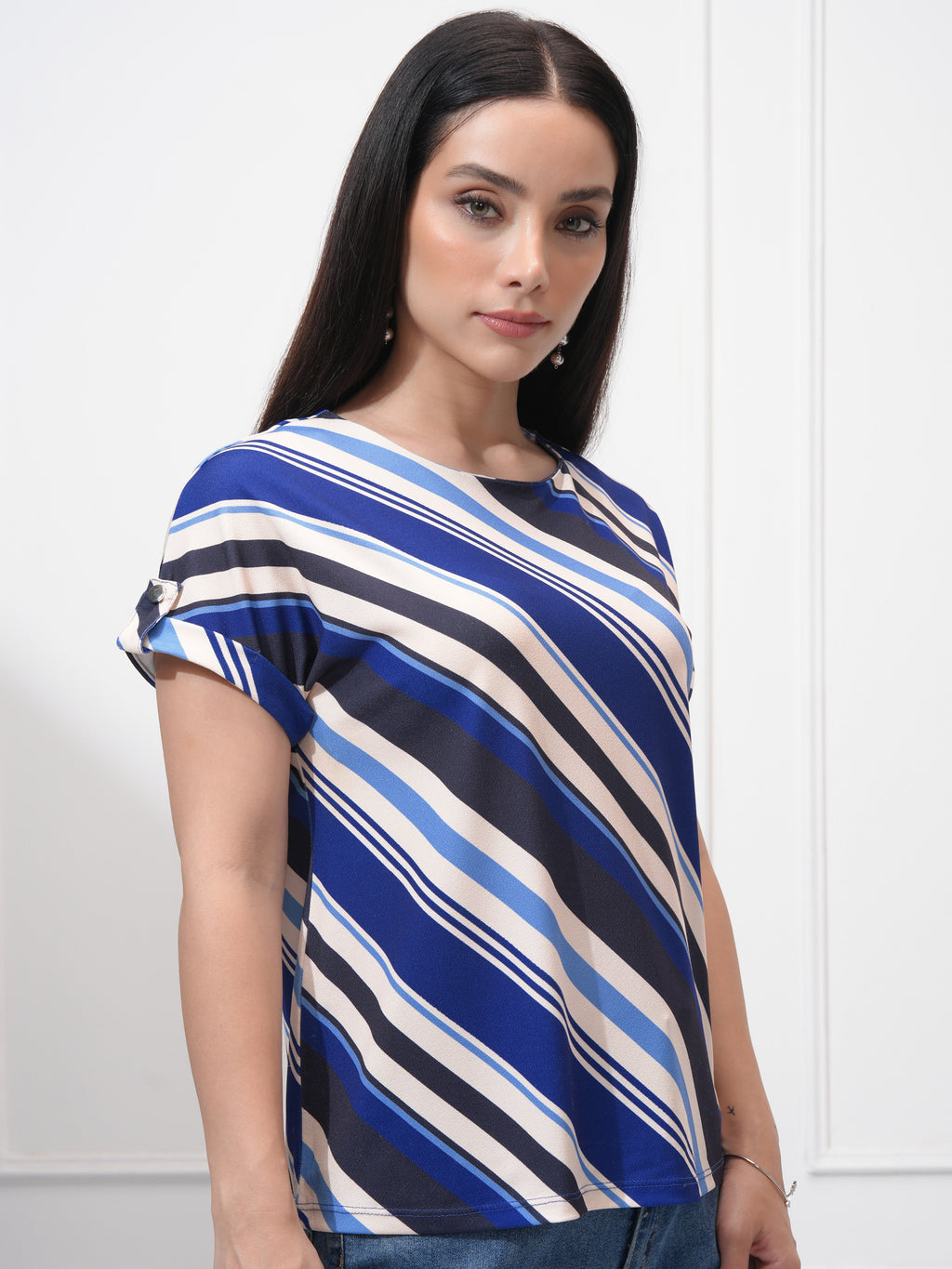 Tokyo Talkies Women Blue Striped Regular Top - Blue - Image 6