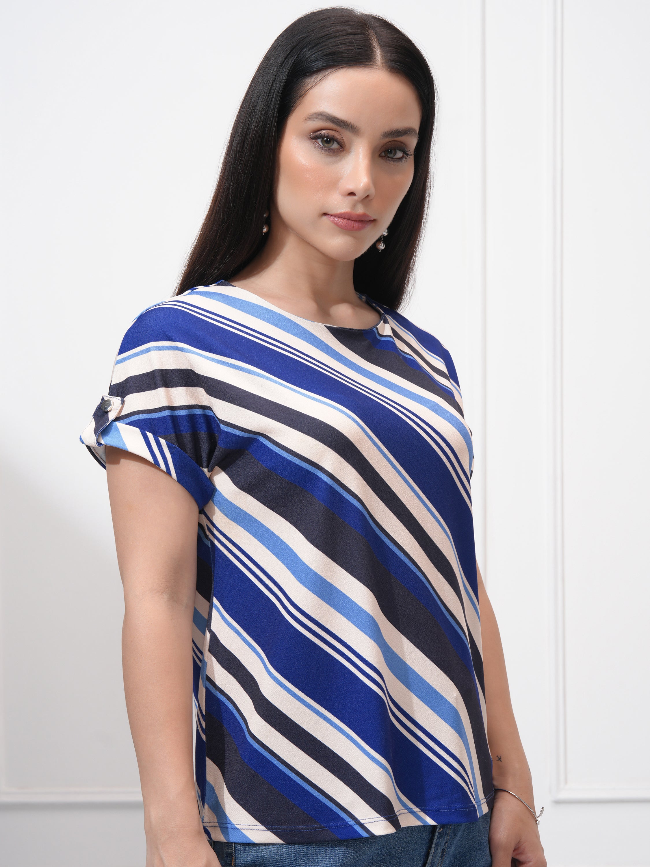 Tokyo Talkies Women Blue Striped Regular Top - Blue - Image 6