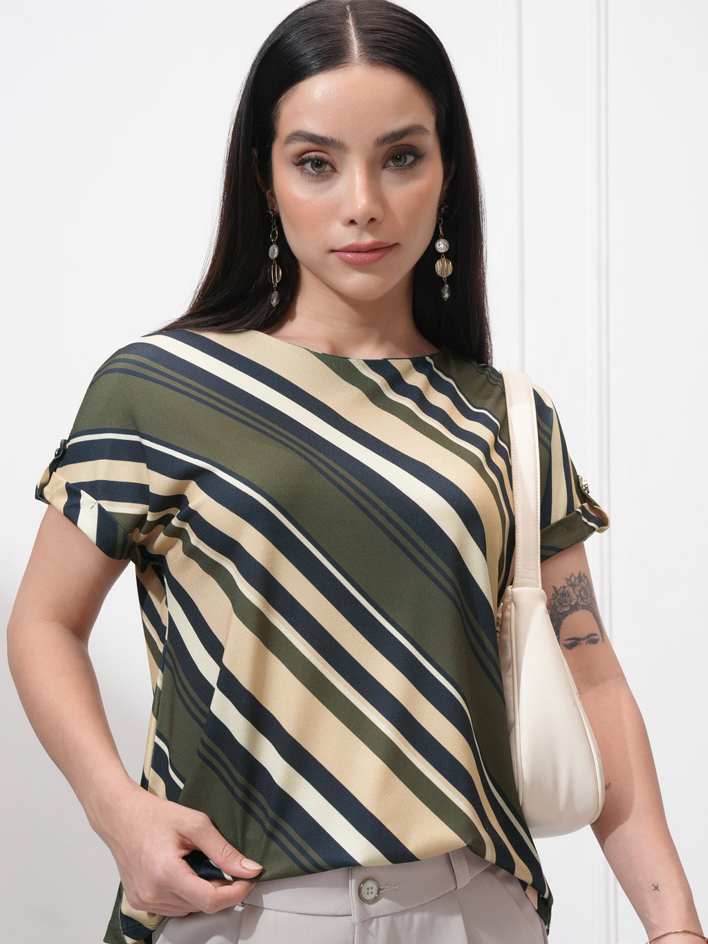 Tokyo Talkies Women Olive Striped Regular Top - Olive - Image 1
