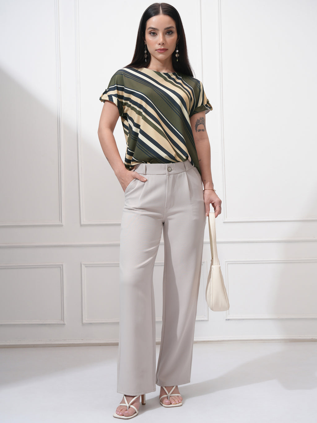 Tokyo Talkies Women Olive Striped Regular Top - Olive - Image 2