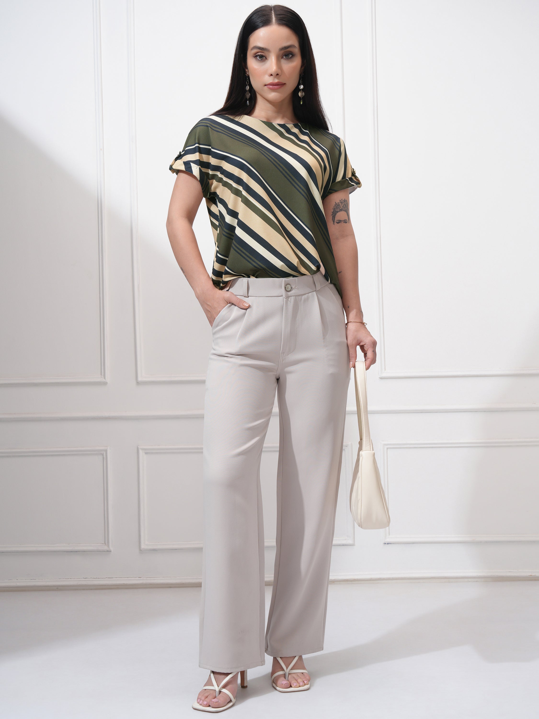 Tokyo Talkies Women Olive Striped Regular Top - Olive - Image 2
